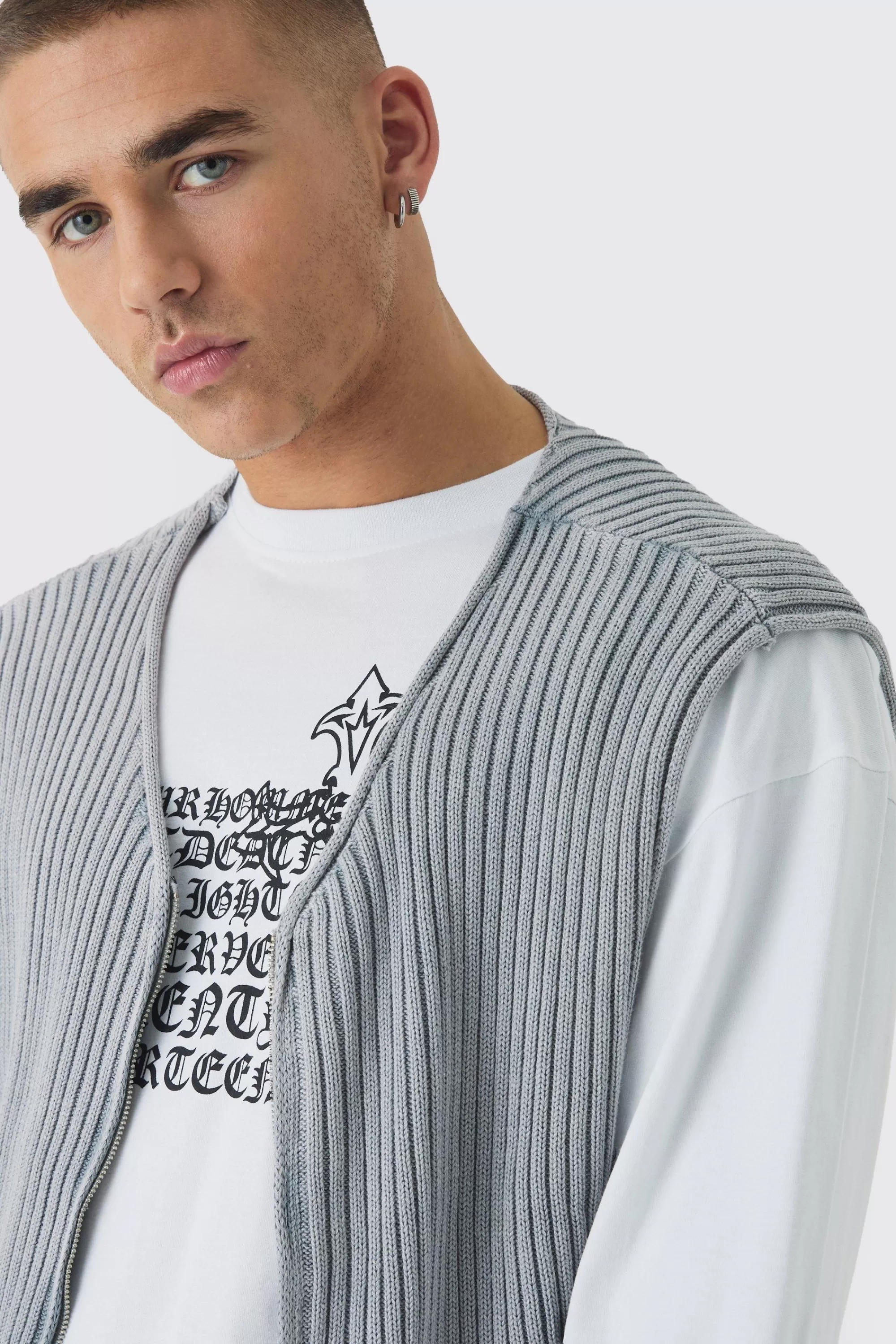 boohooMAN Boxy Acid Wash Ribbed Knit Gilet In | UK