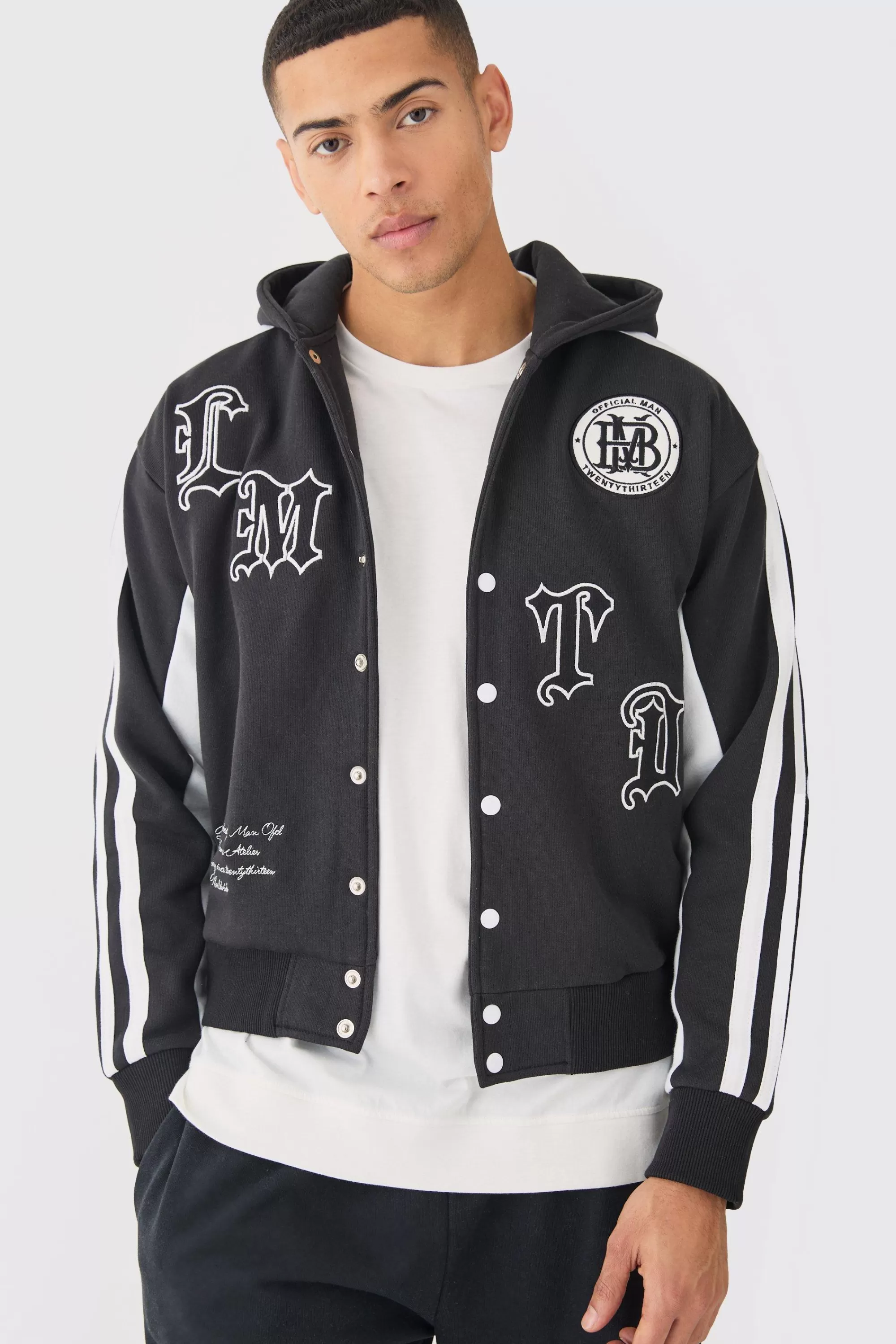 boohooMAN Boxy Applique Tape Detail Jersey Varisty Jacket | UK
