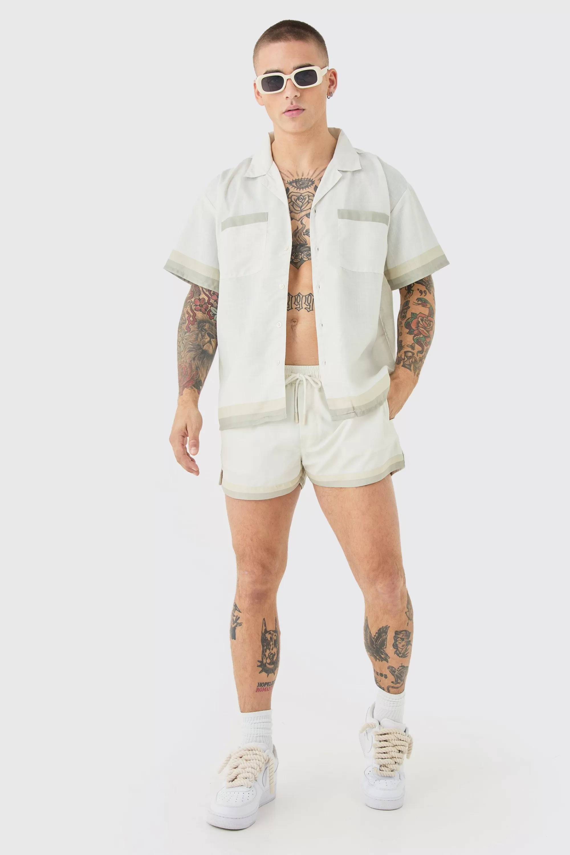 boohooMAN Boxy Back Print Shirt & Swim Short Set | UK