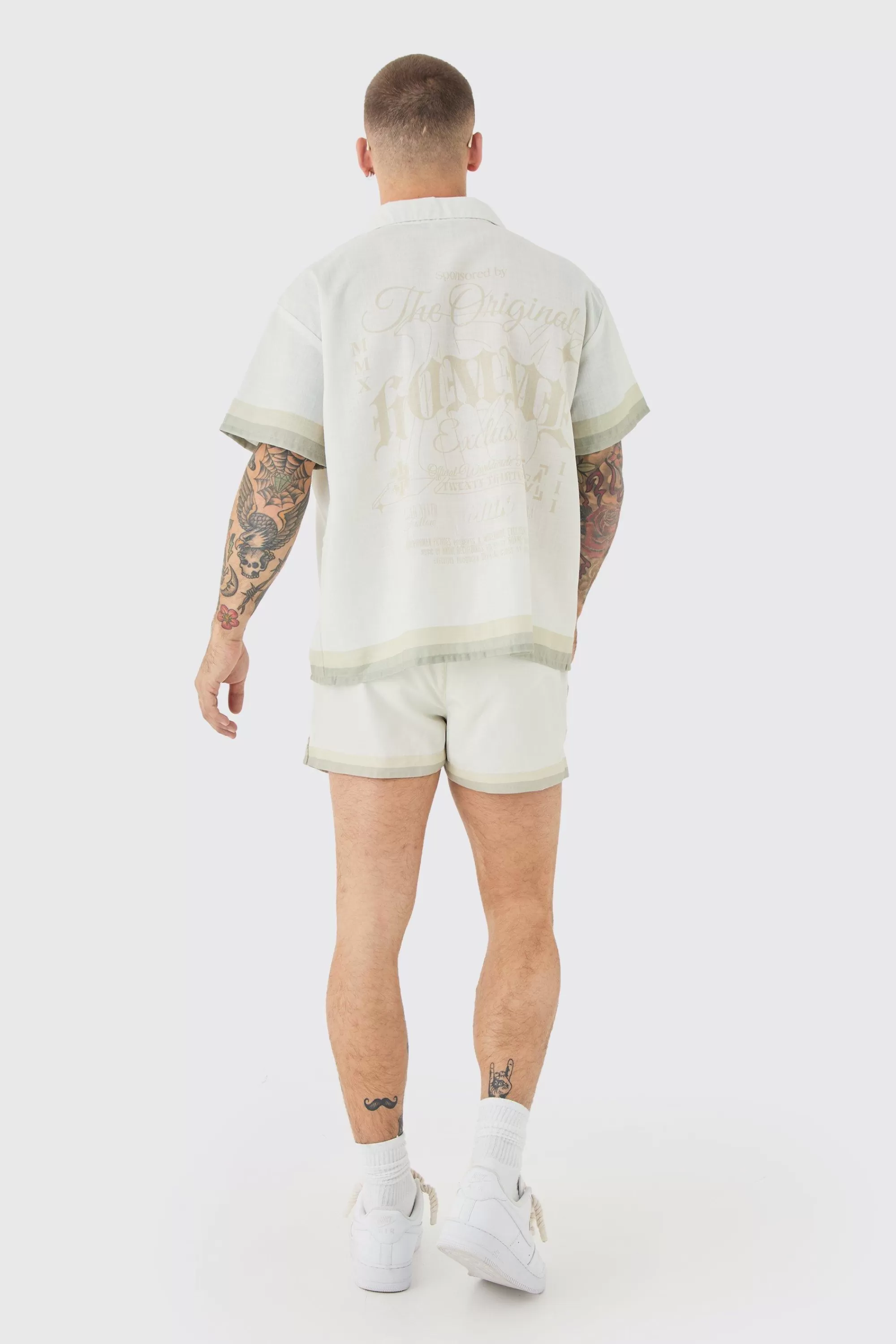boohooMAN Boxy Back Print Shirt & Swim Short Set | UK