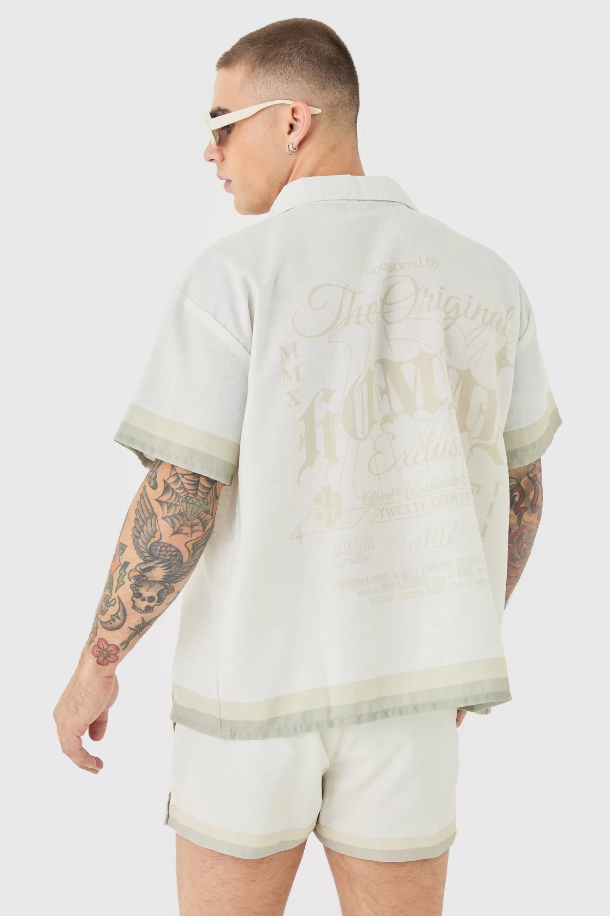 boohooMAN Boxy Back Print Shirt & Swim Short Set | UK