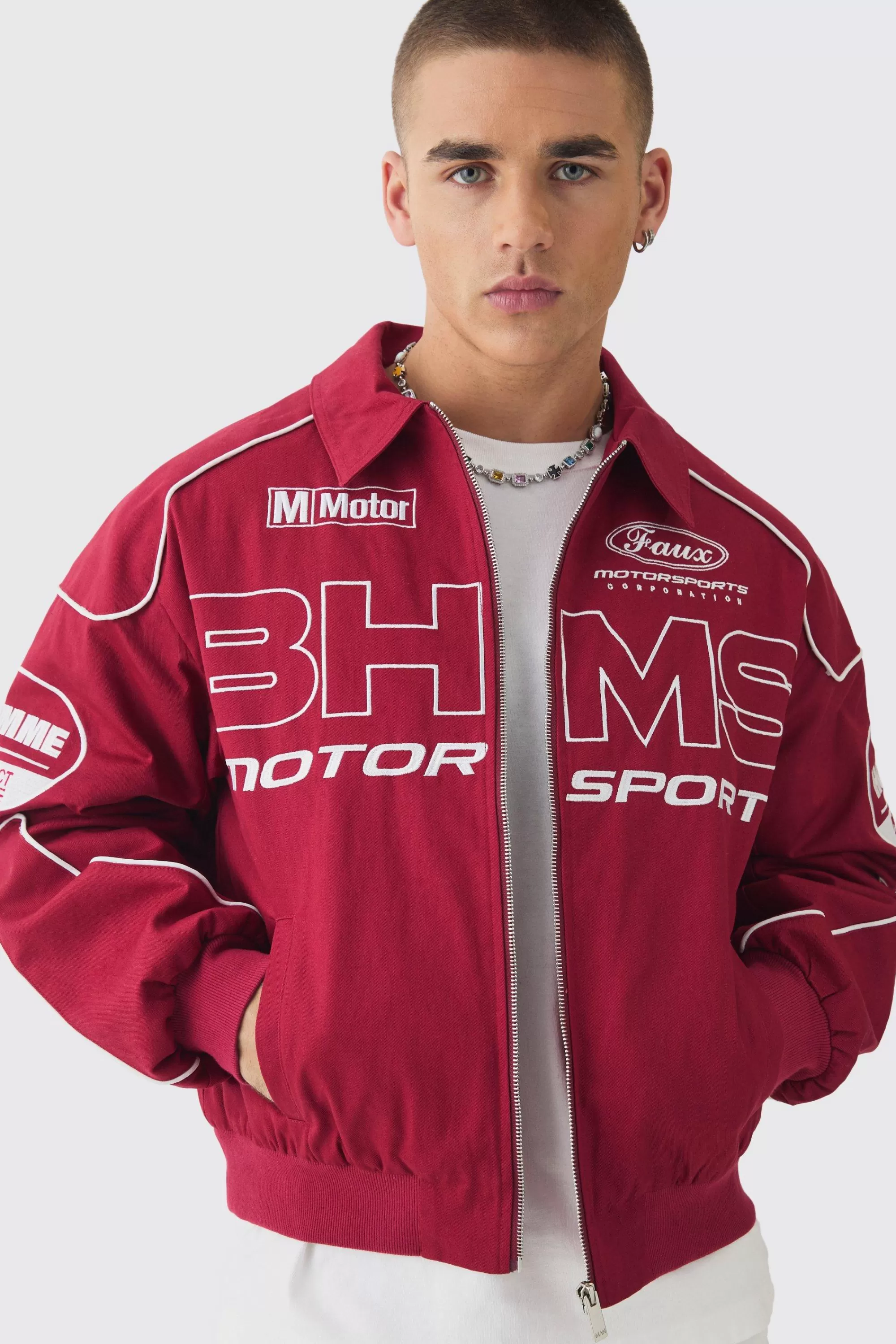 boohooMAN Boxy Badge Twill Moto Jacket In | UK