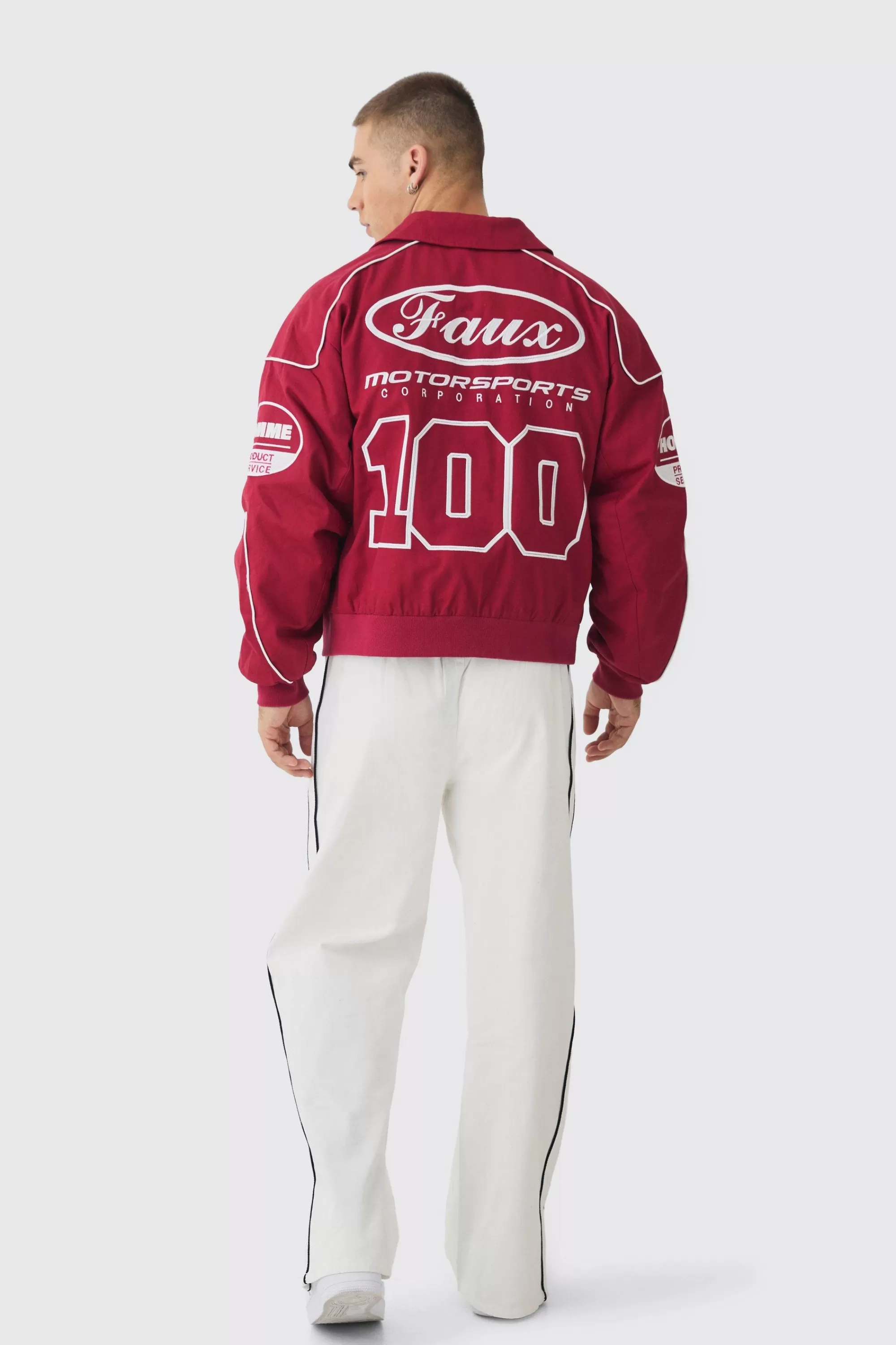 boohooMAN Boxy Badge Twill Moto Jacket In | UK