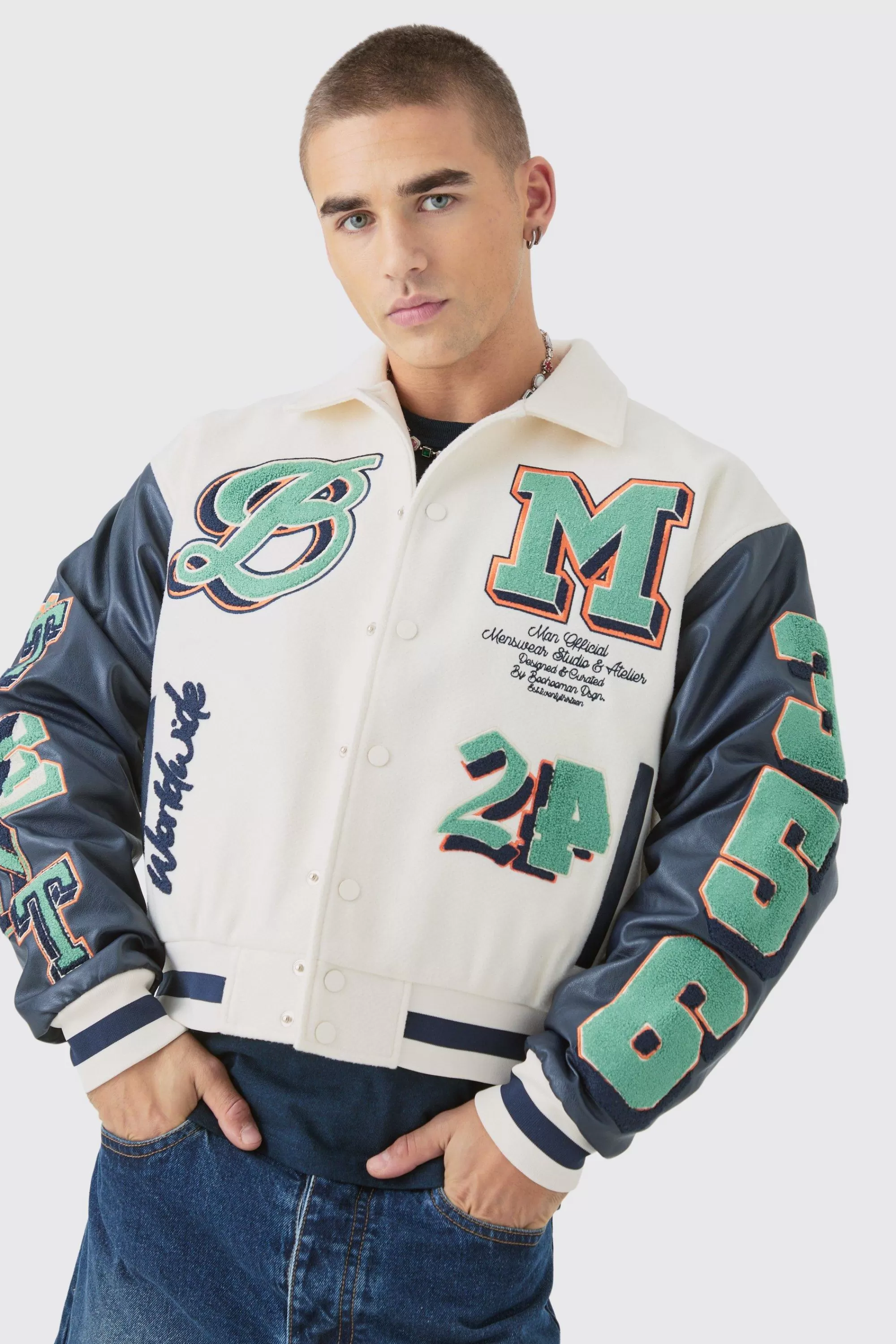 boohooMAN Boxy BM Badge Collared Varsity Jacket In | UK