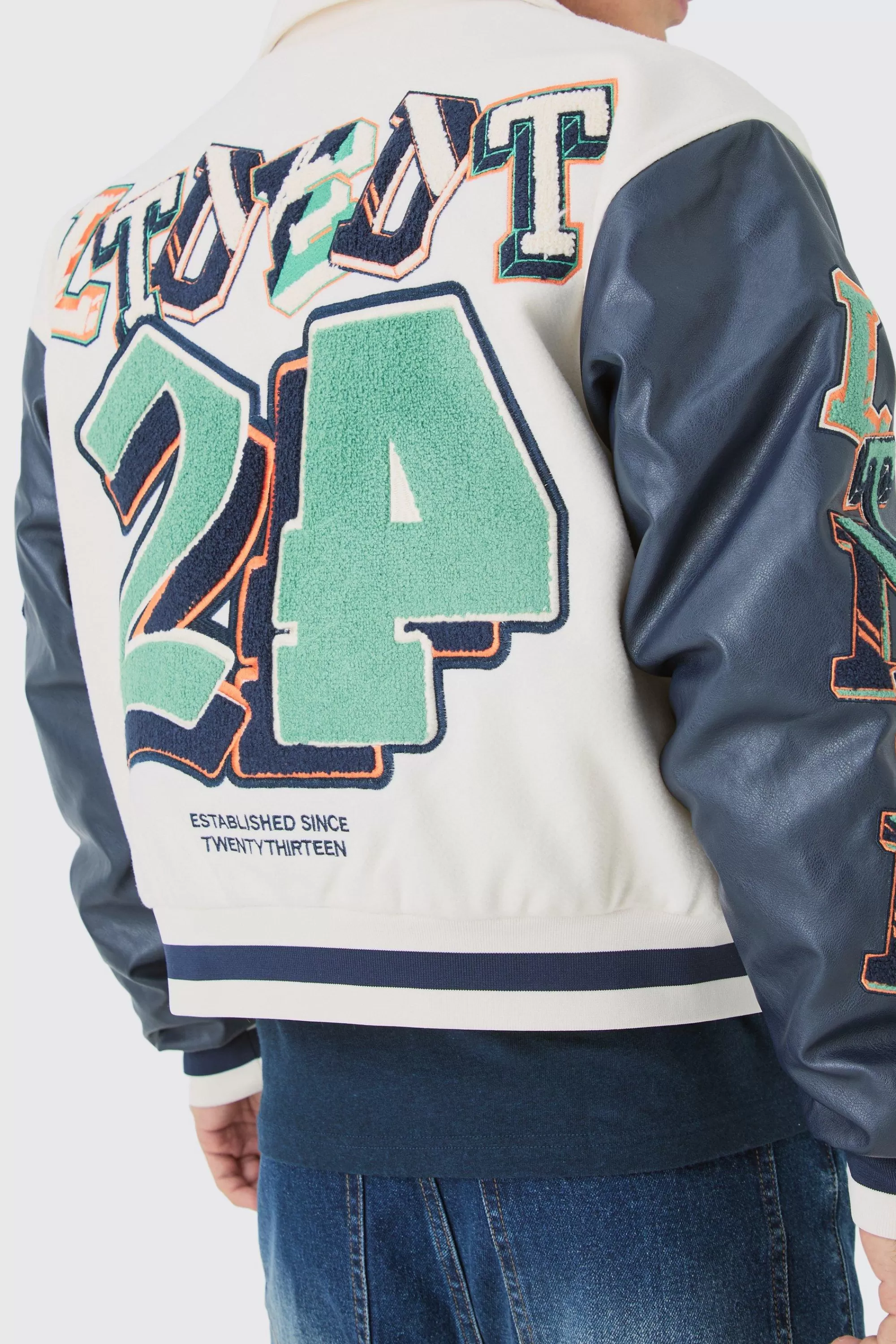 boohooMAN Boxy BM Badge Collared Varsity Jacket In | UK
