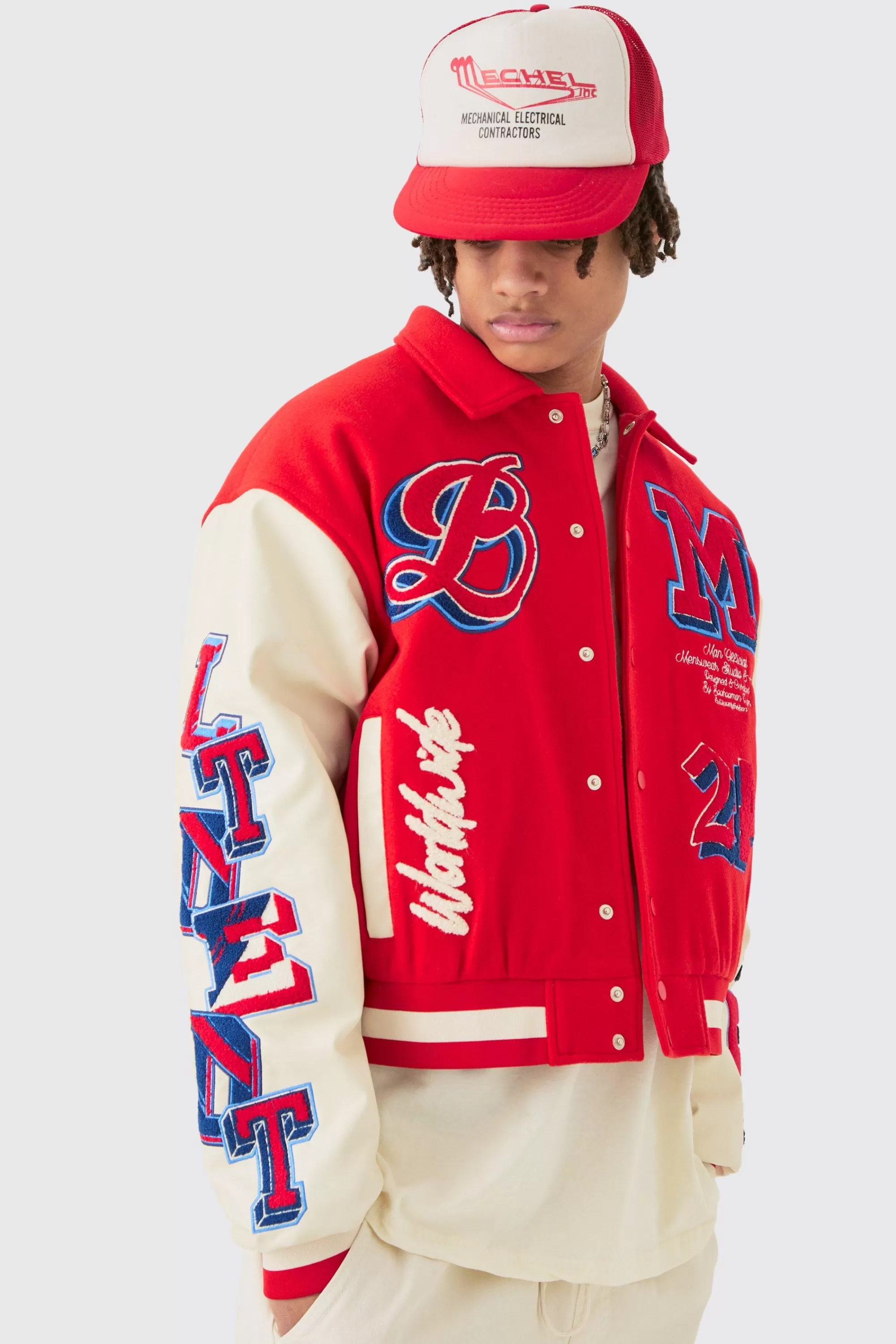 boohooMAN Boxy Bm Badge Colla Varsity Jacket In | UK