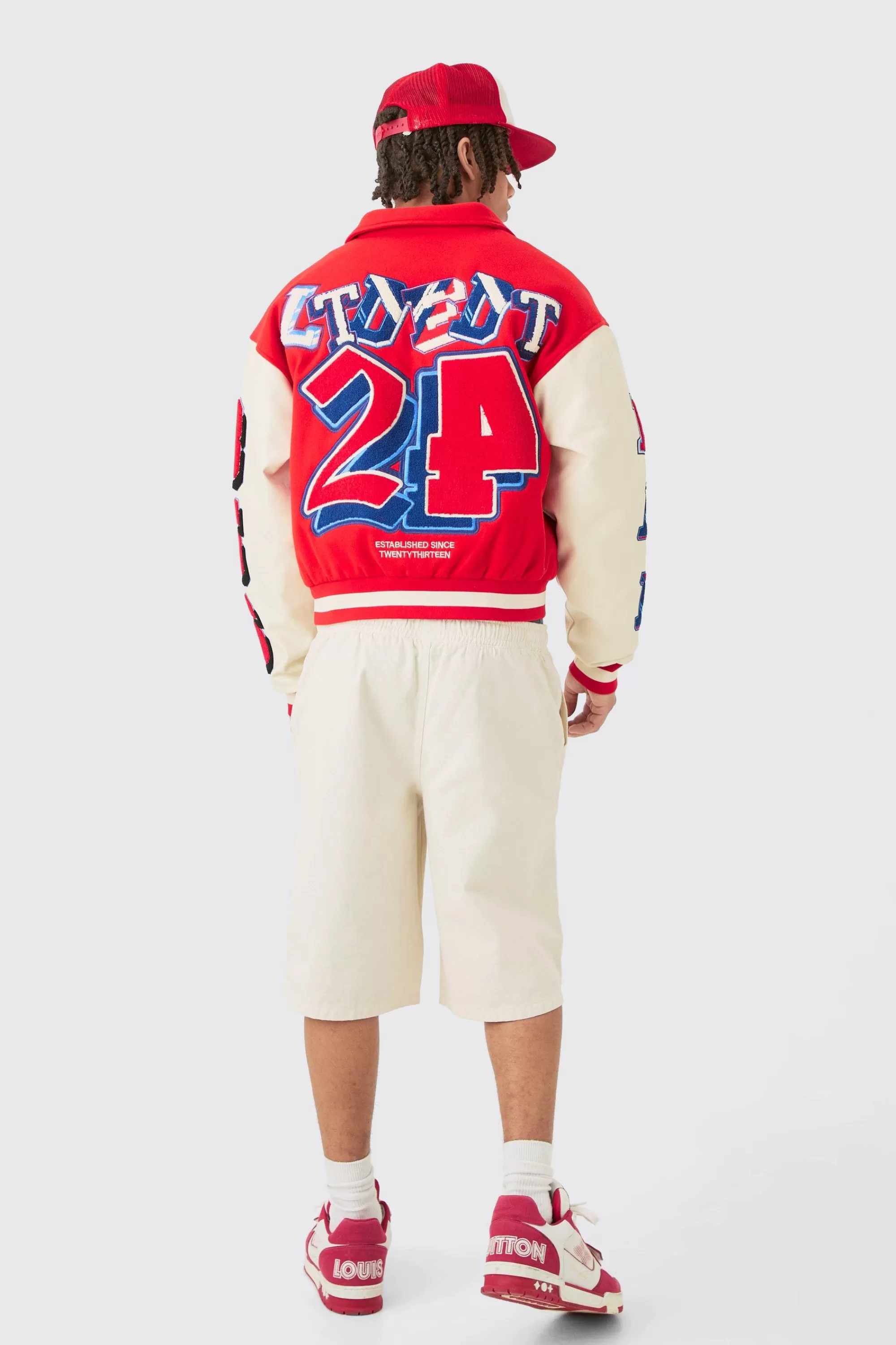 boohooMAN Boxy Bm Badge Colla Varsity Jacket In | UK