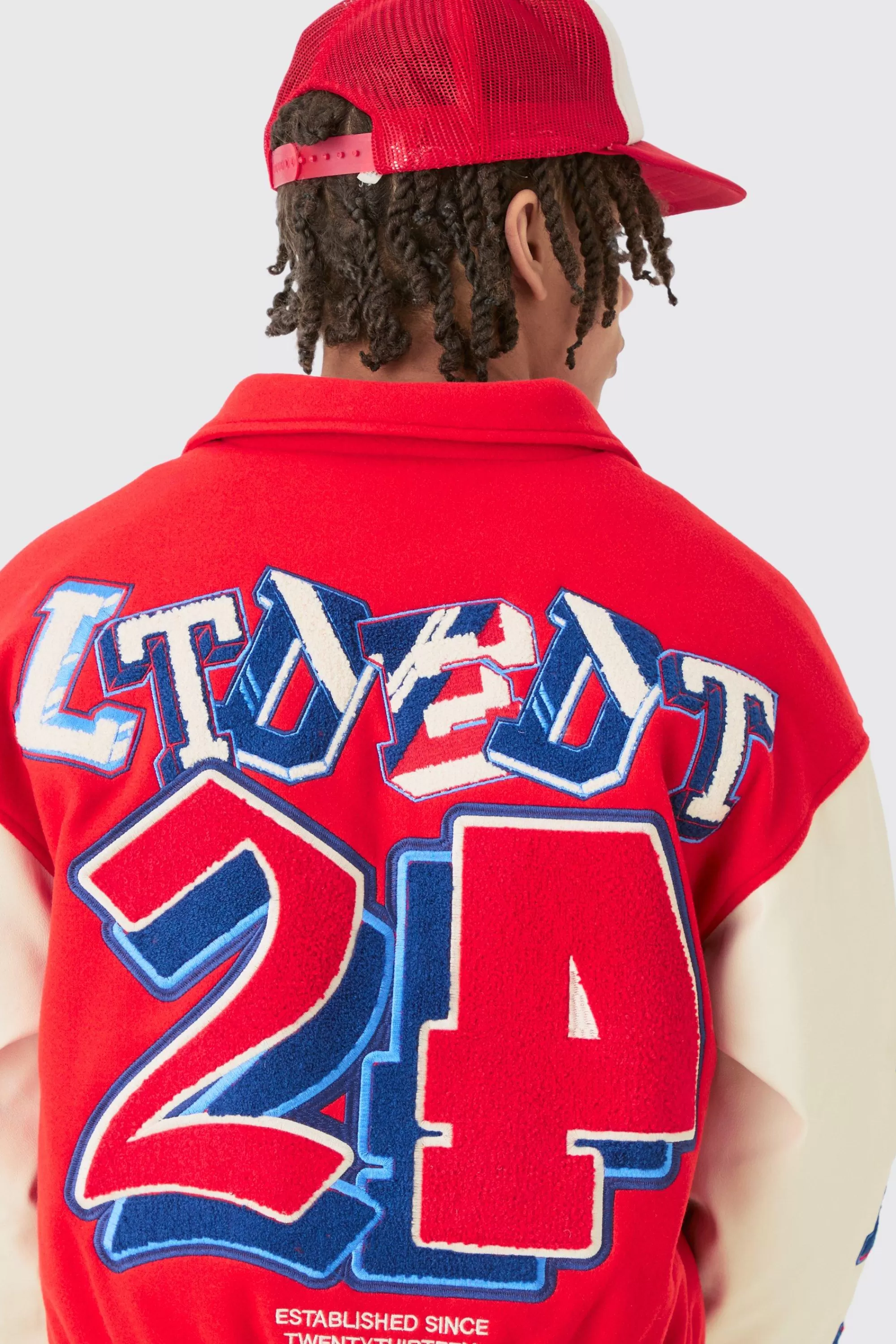 boohooMAN Boxy Bm Badge Colla Varsity Jacket In | UK