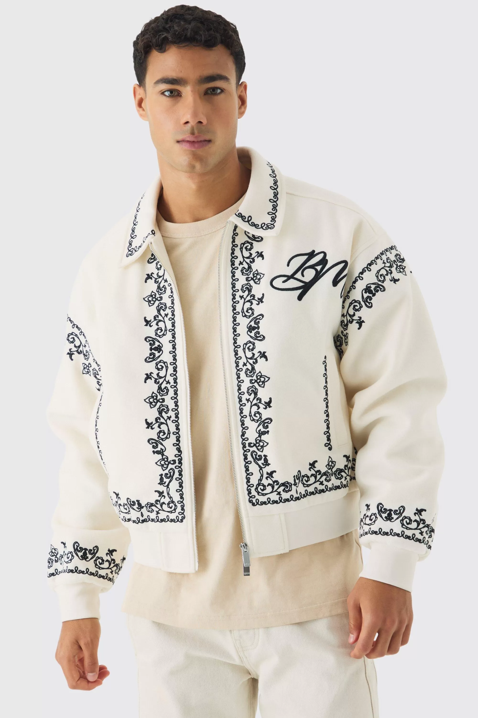 boohooMAN Boxy Bm Embroidered Collared Bomber Jacket In | UK