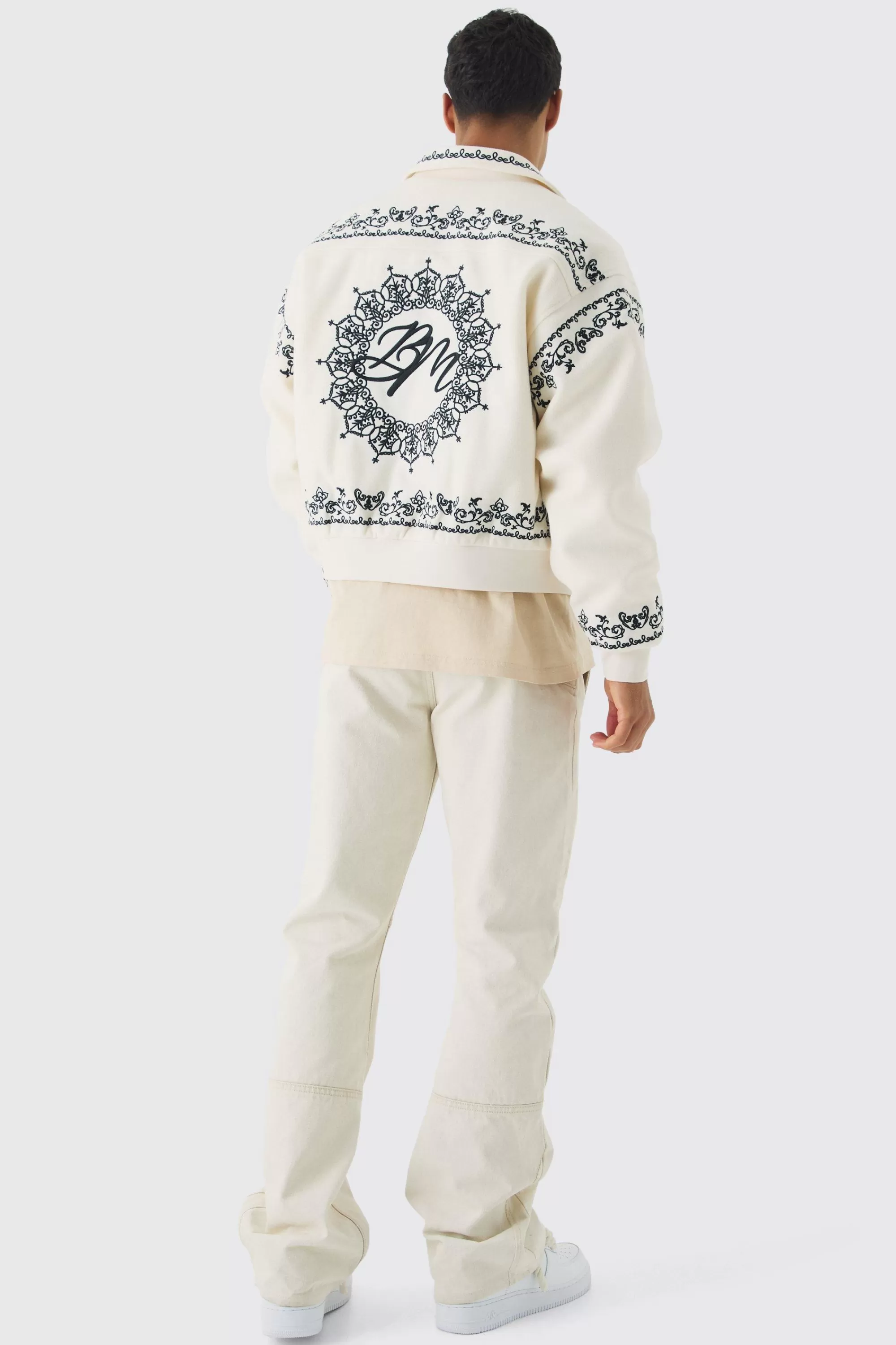 boohooMAN Boxy Bm Embroidered Collared Bomber Jacket In | UK