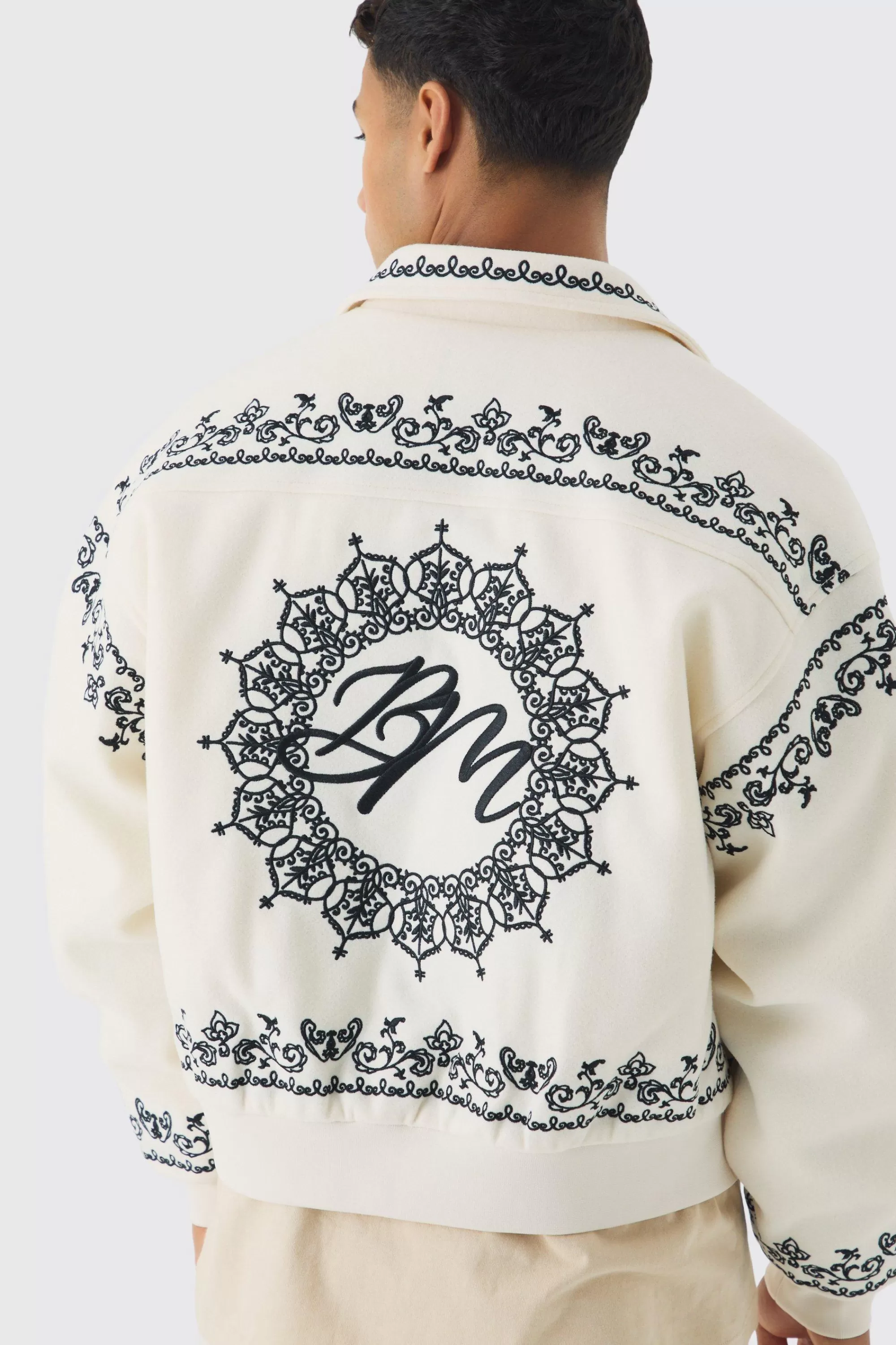 boohooMAN Boxy Bm Embroidered Collared Bomber Jacket In | UK
