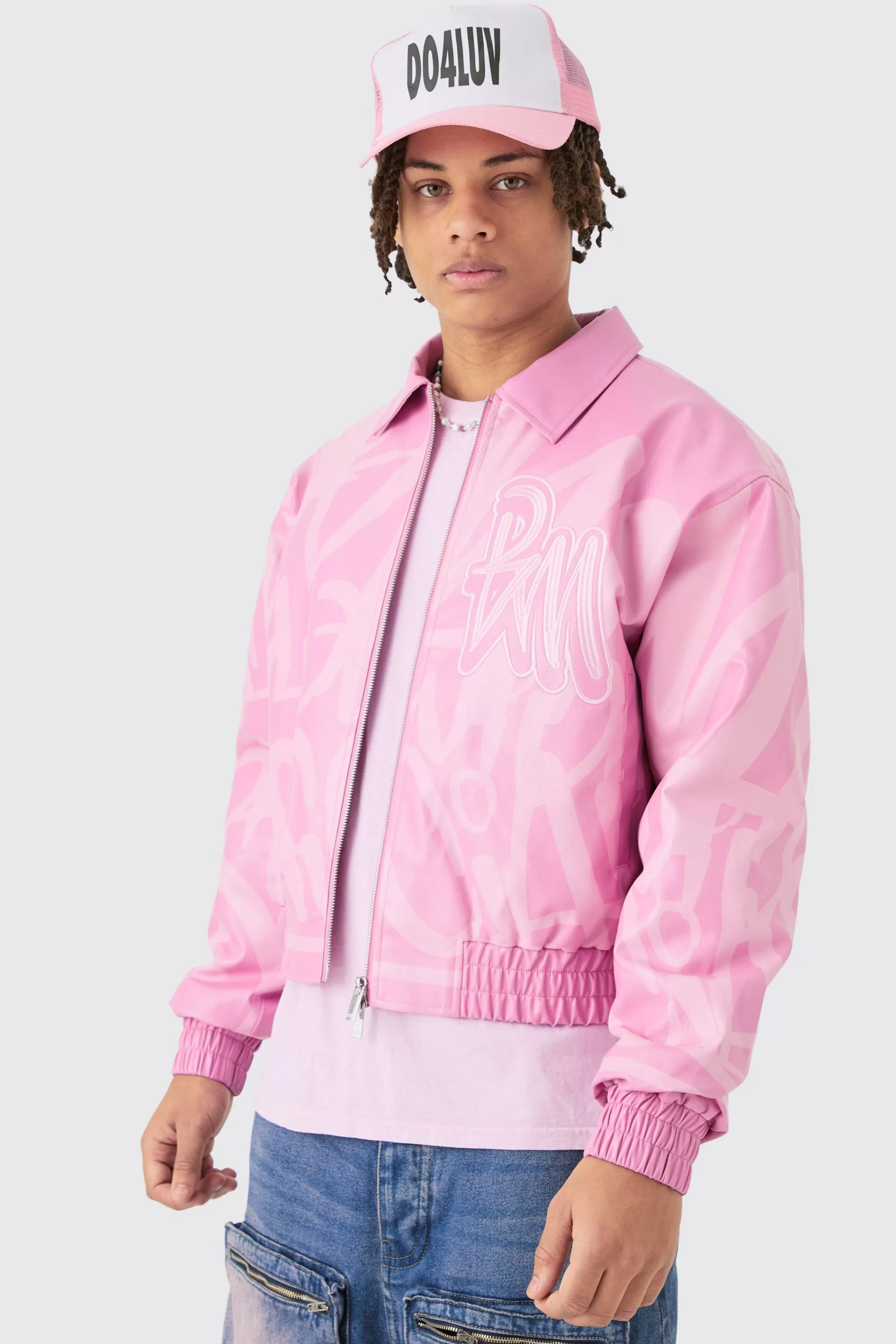 boohooMAN Boxy Bm Printed Collared Bomber Jacket In | UK