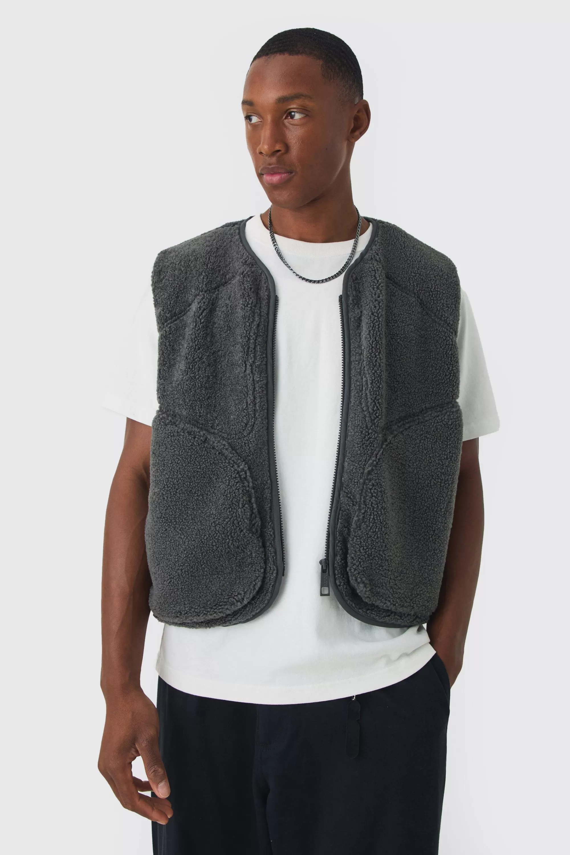 boohooMAN Boxy Borg Pocket Detail Gilet In | UK