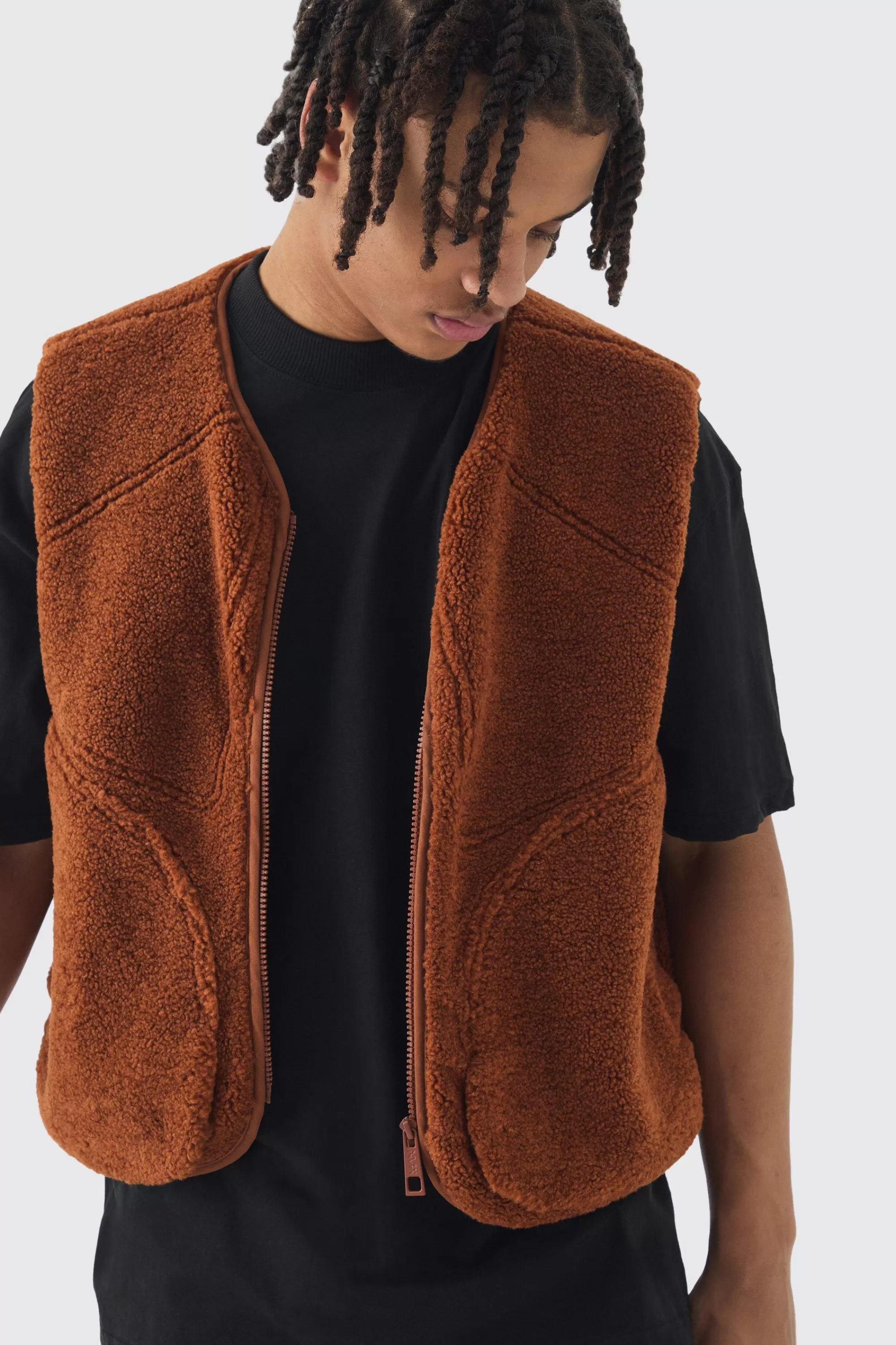 boohooMAN Boxy Borg Pocket Detail Gilet In | UK