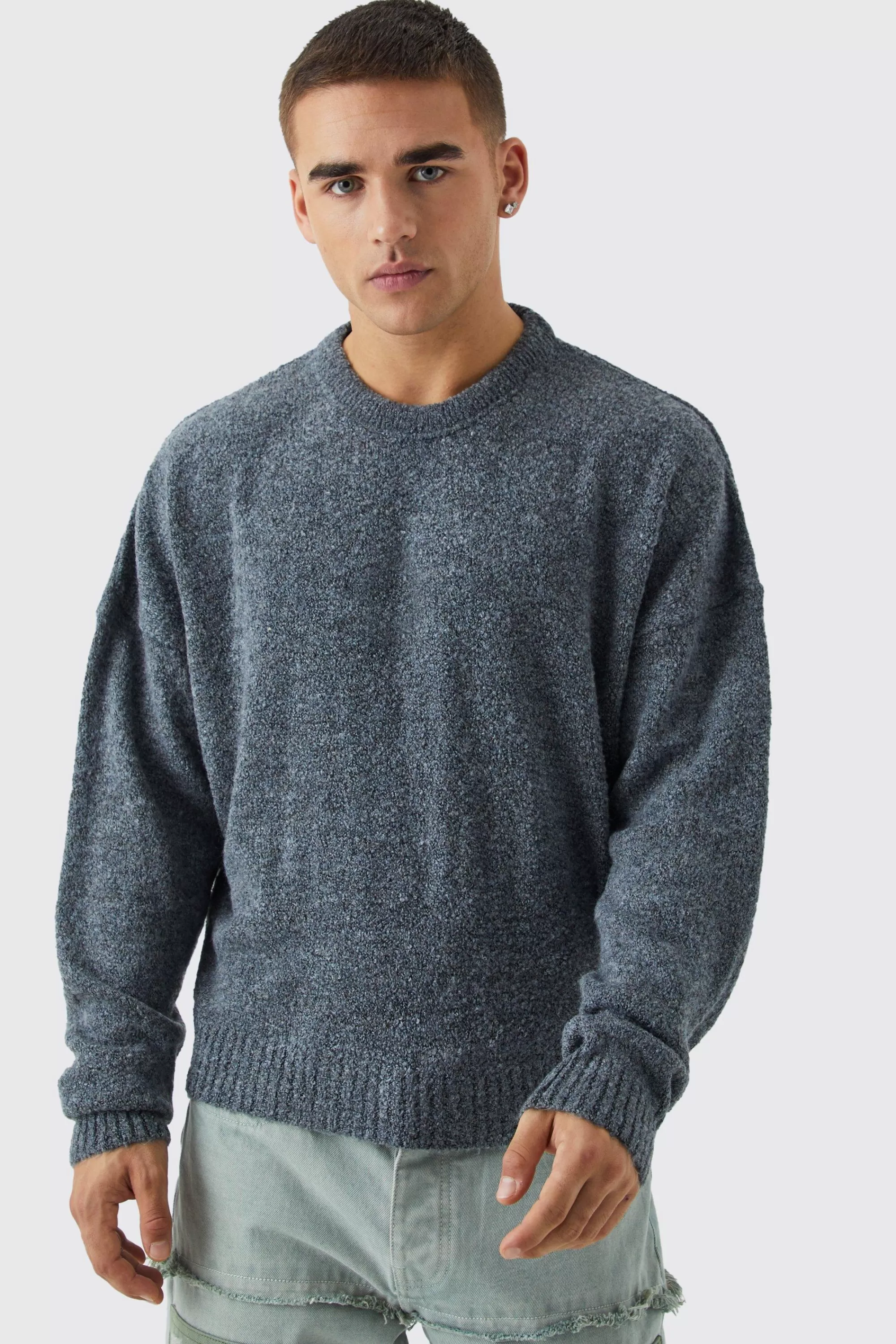 boohooMAN Boxy Boucle Knit Extended Neck Jumper | UK