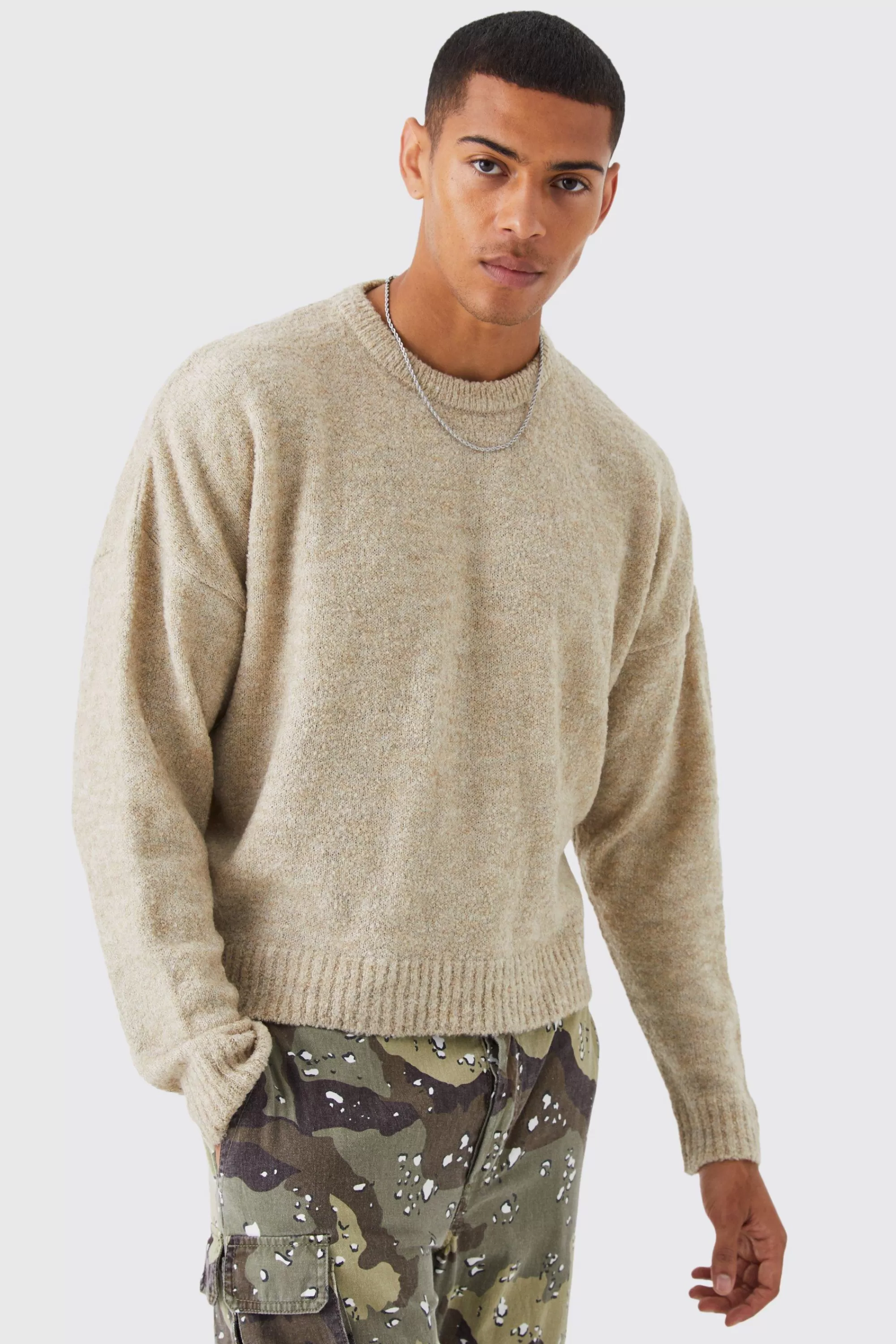 boohooMAN Boxy Boucle Knit Extended Neck Jumper | UK