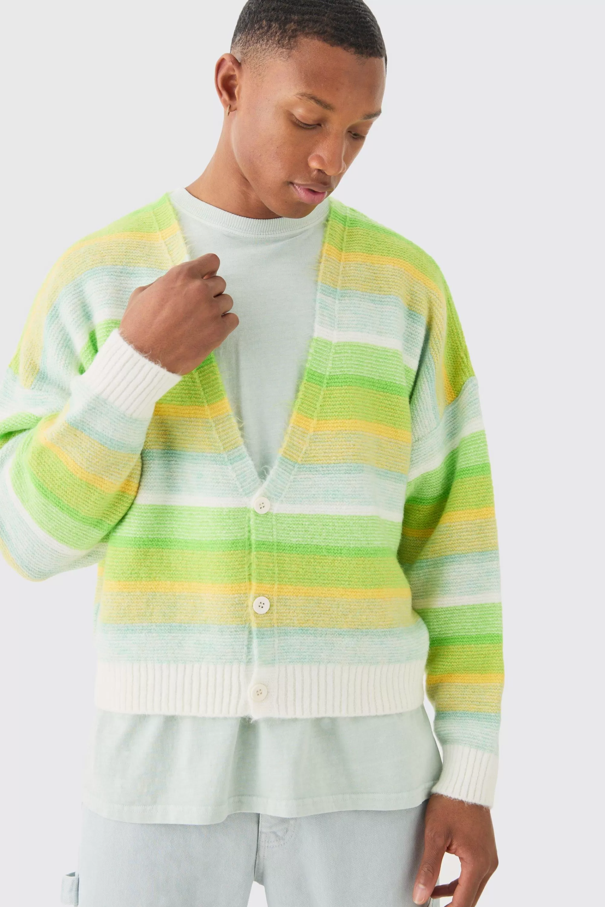 boohooMAN Boxy Brushed Striped Cardigan In | UK