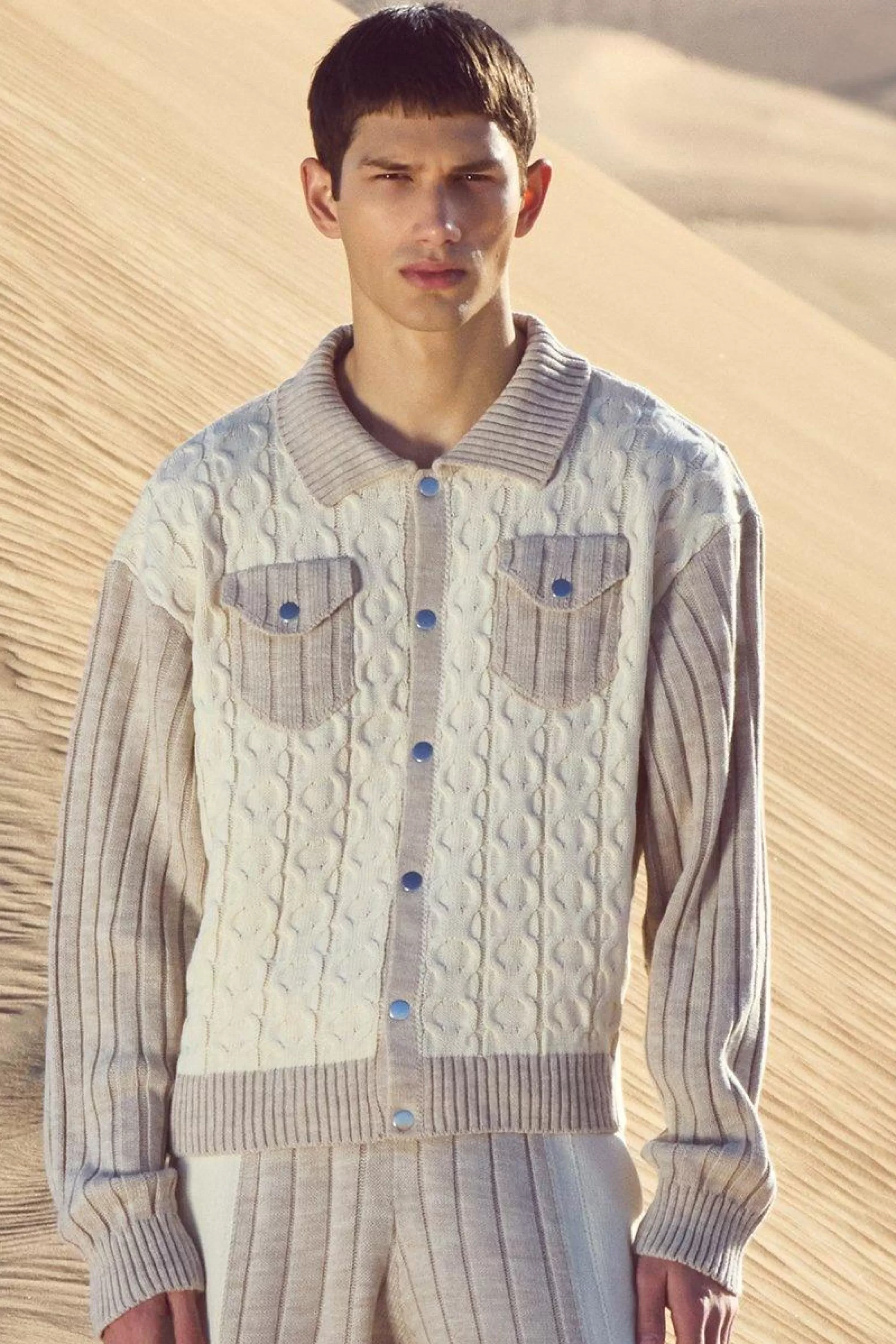 boohooMAN Boxy Cable Knitted Harrington Jacket | UK
