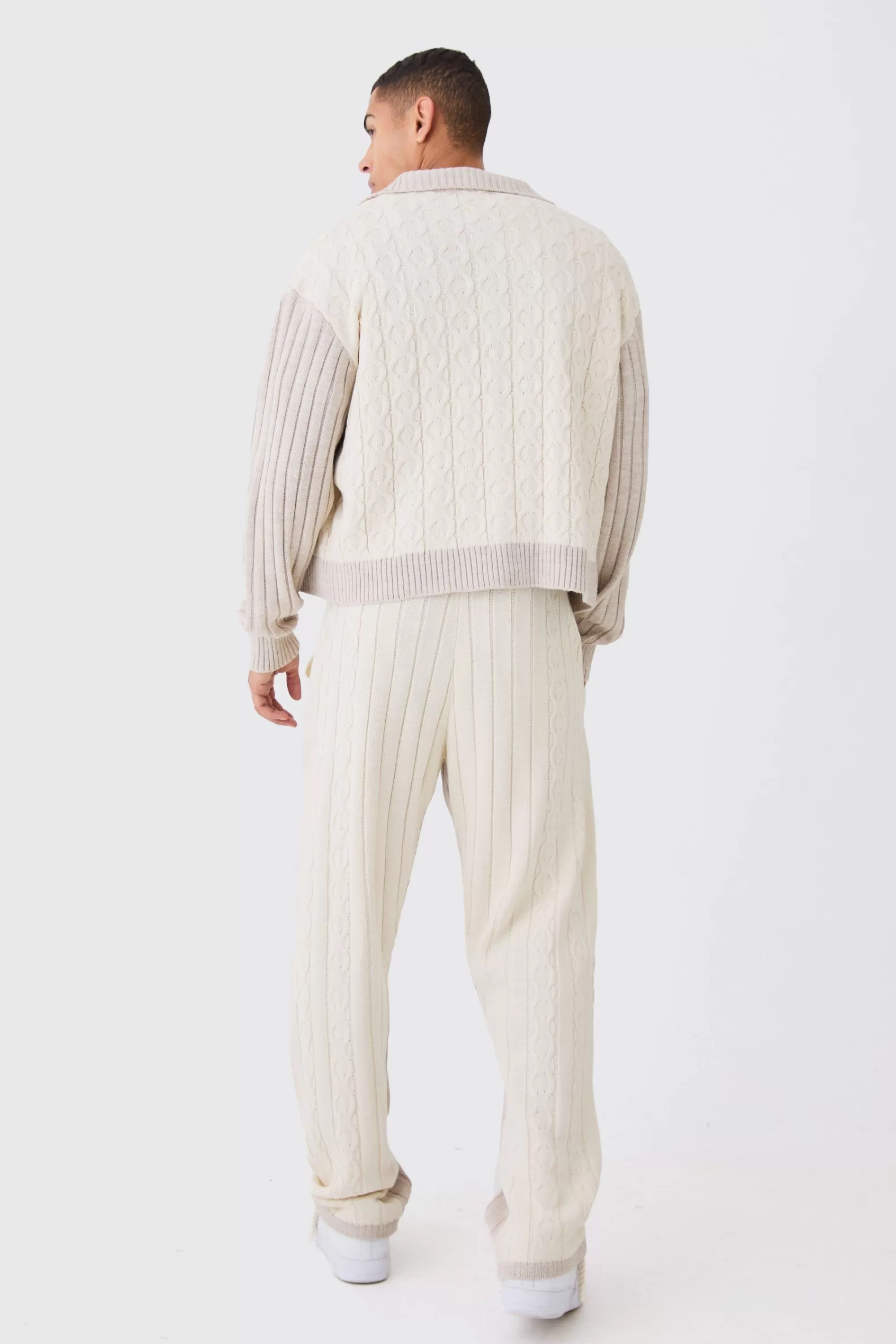 boohooMAN Boxy Cable Knitted Harrington Jacket | UK