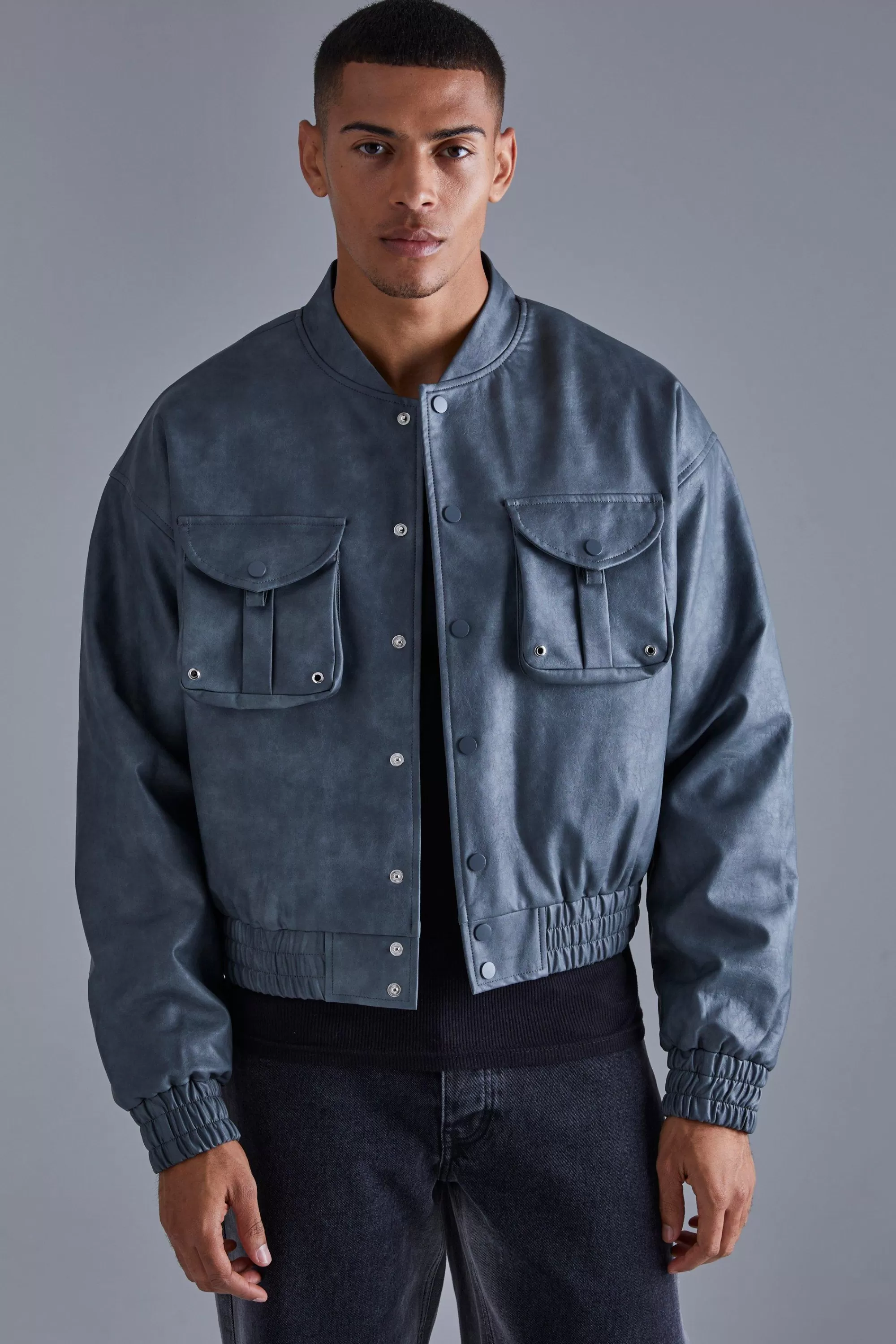 boohooMAN Boxy Cargo Pocket Washed Pu Bomber | UK