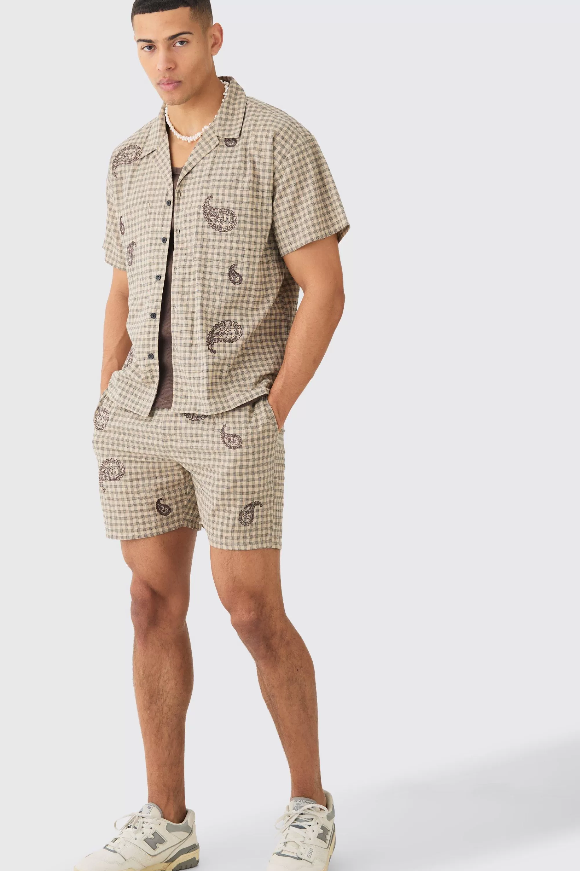 boohooMAN Boxy Check Paisley Embroidered Shirt And Short | UK