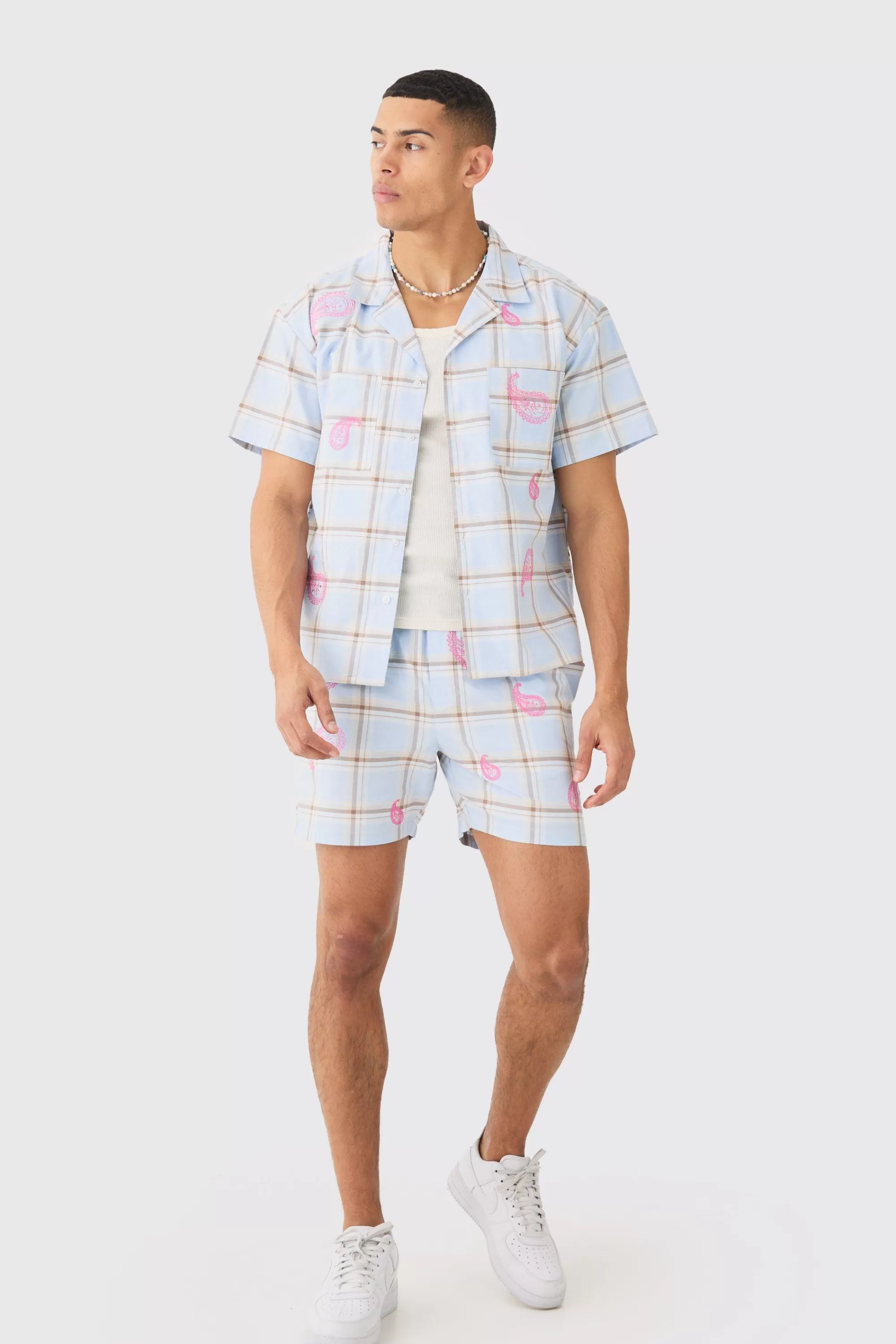 boohooMAN Boxy Check Paisley Embroidered Shirt And Short | UK