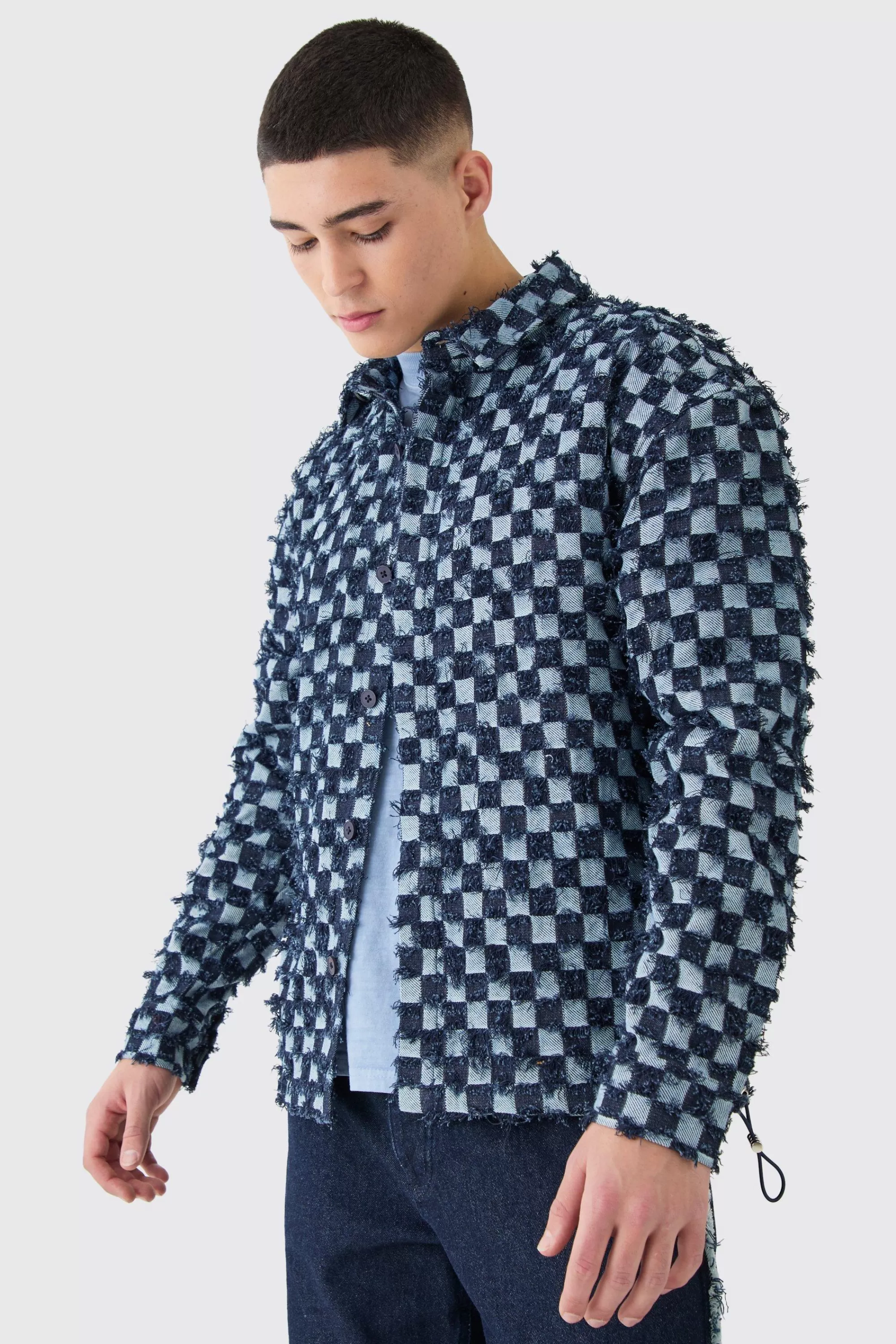 boohooMAN Boxy Checkerboard Distressed Checked Overshirt | UK