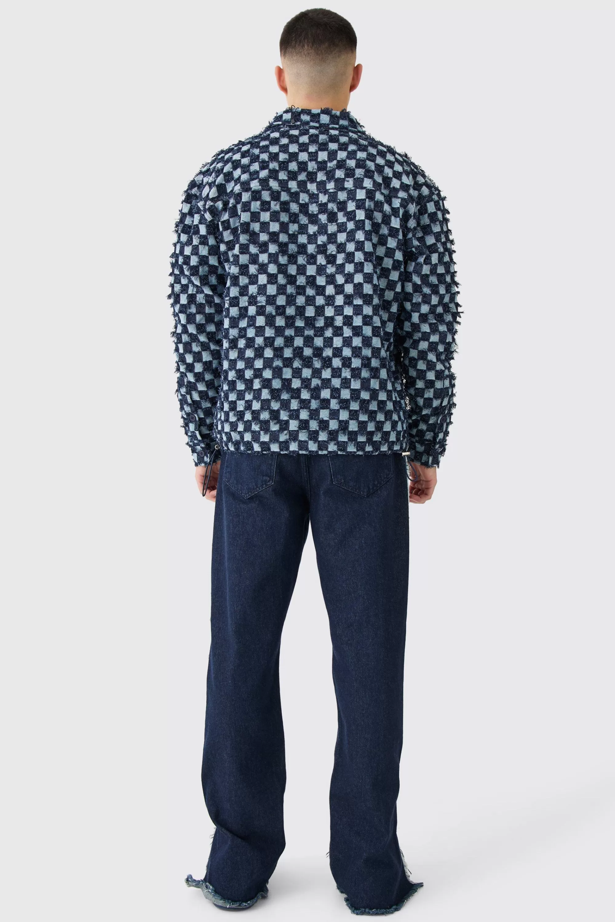 boohooMAN Boxy Checkerboard Distressed Checked Overshirt | UK