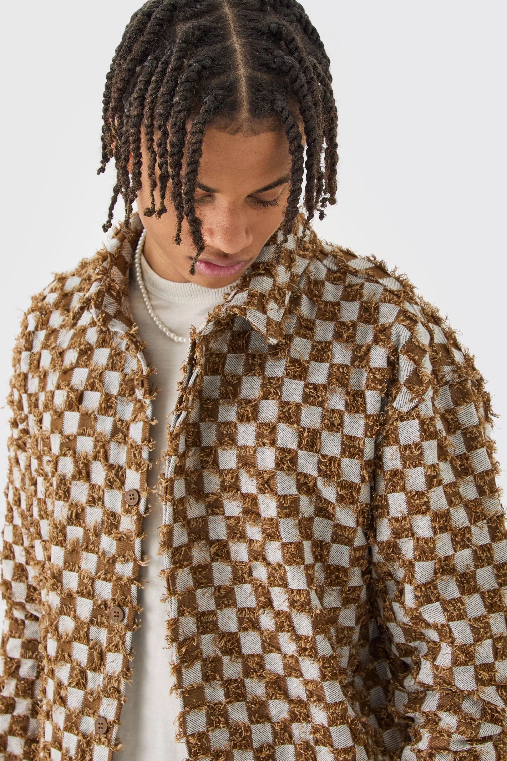 boohooMAN Boxy Checkerboard Distressed Checked Overshirt | UK