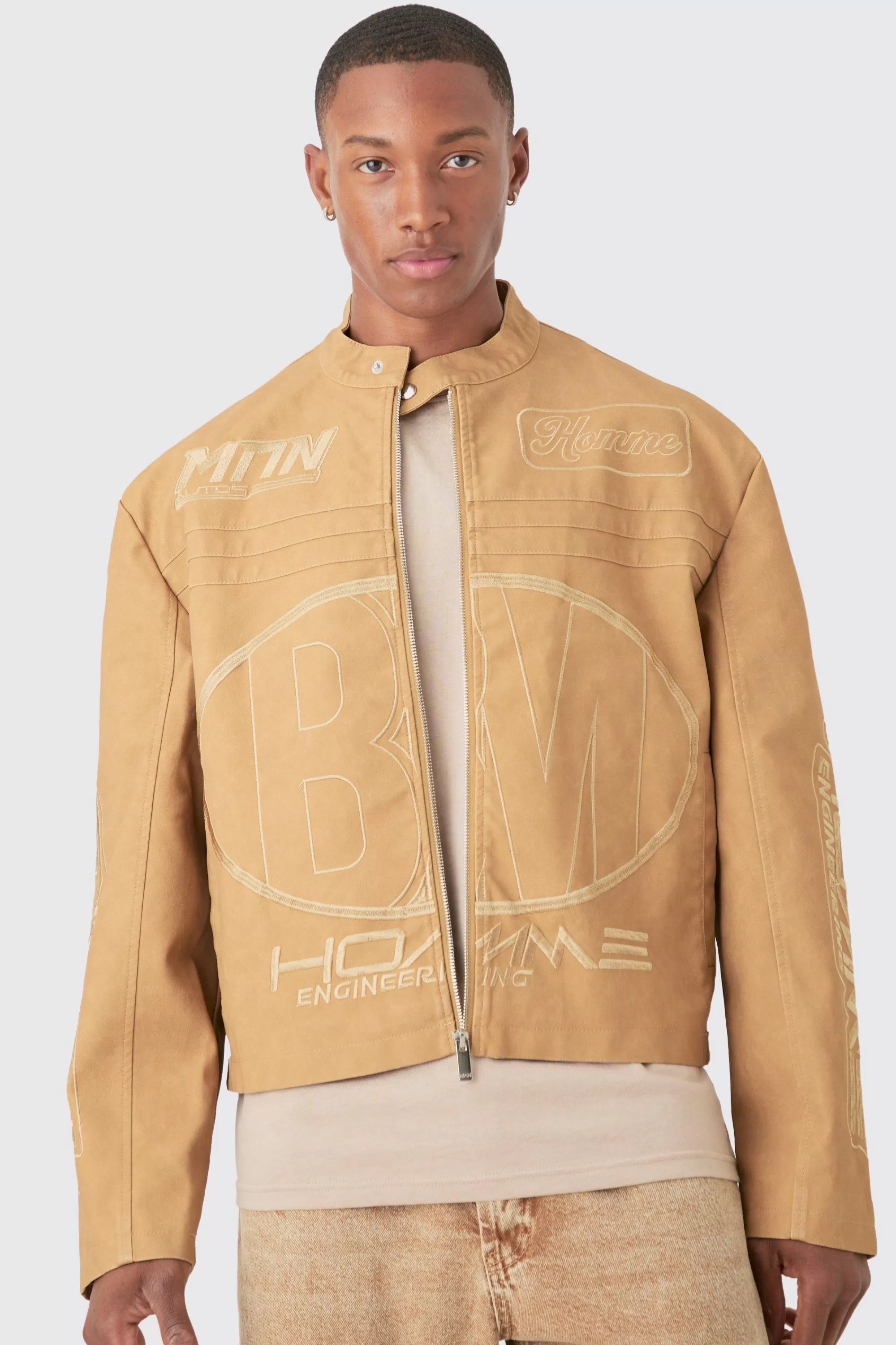 boohooMAN Boxy Collared Twill Varsity Bomber Jacket In | UK