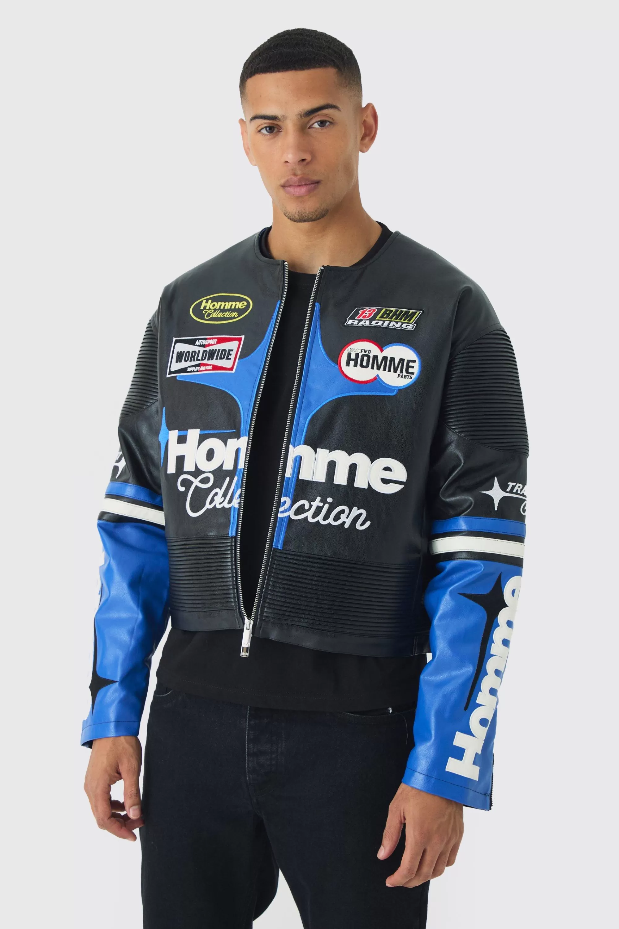 boohooMAN Boxy Collarless Homme PU Moto Jacket In | UK