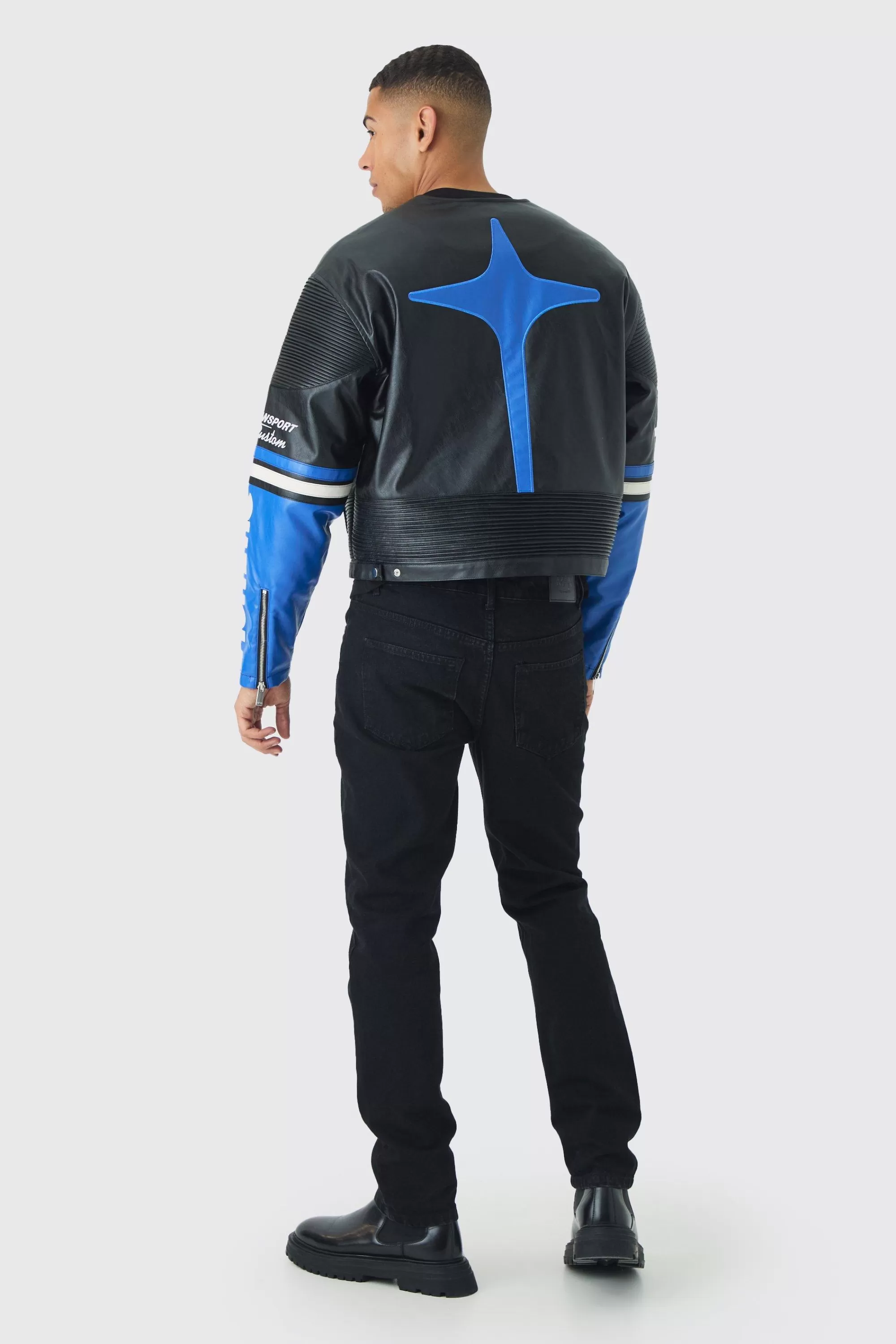 boohooMAN Boxy Collarless Homme PU Moto Jacket In | UK