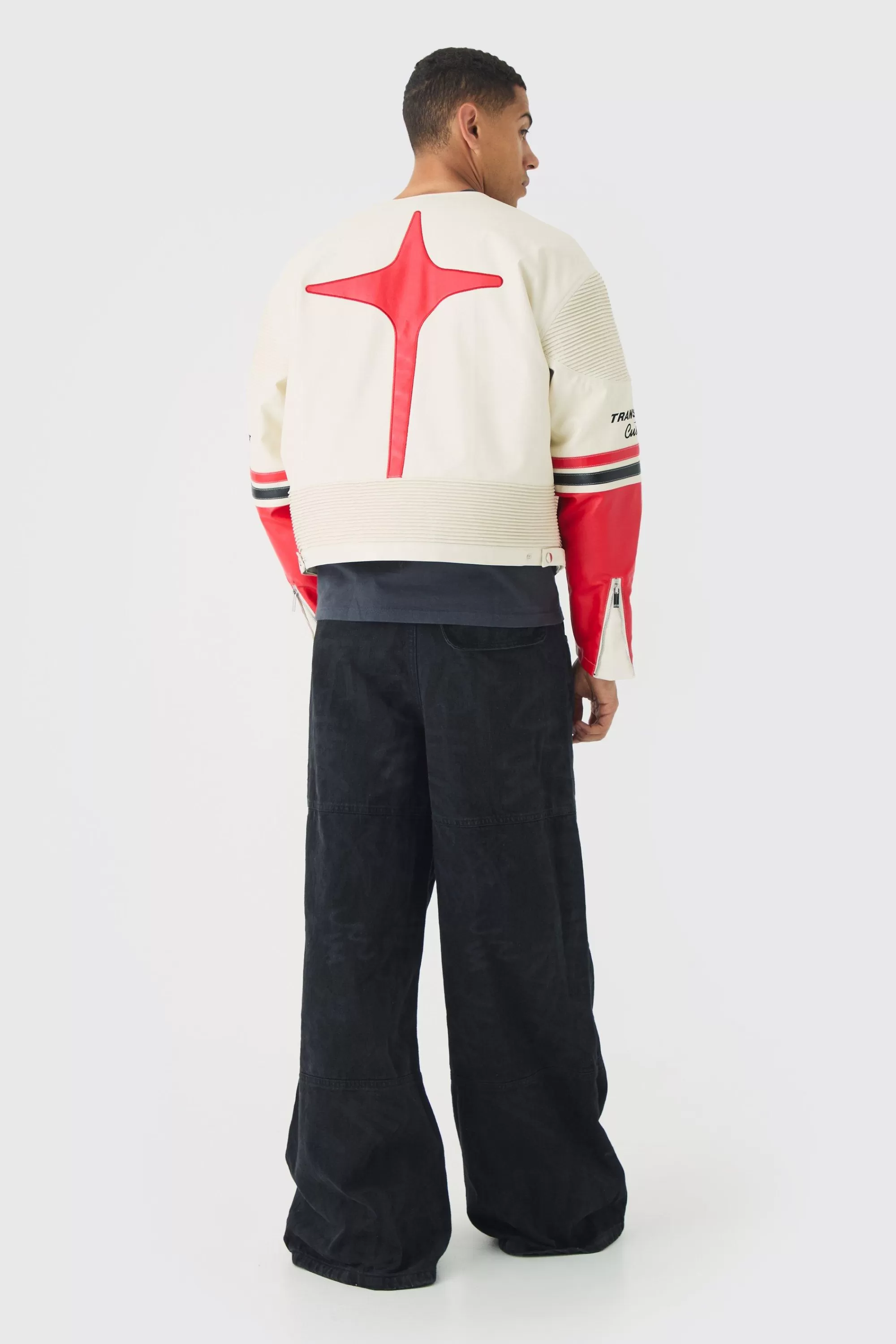 boohooMAN Boxy Collarless Homme PU Moto Jacket In | UK