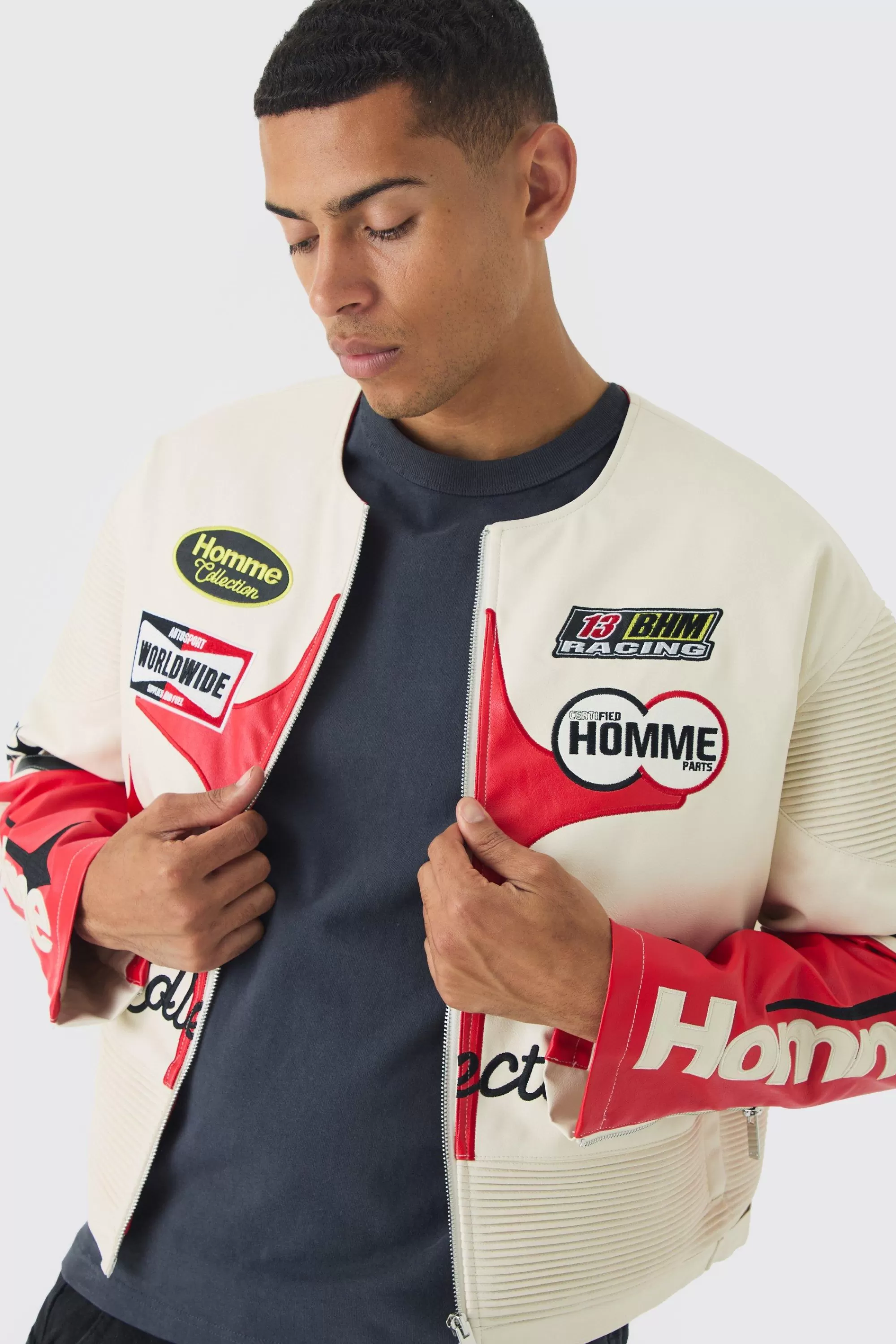 boohooMAN Boxy Collarless Homme PU Moto Jacket In | UK