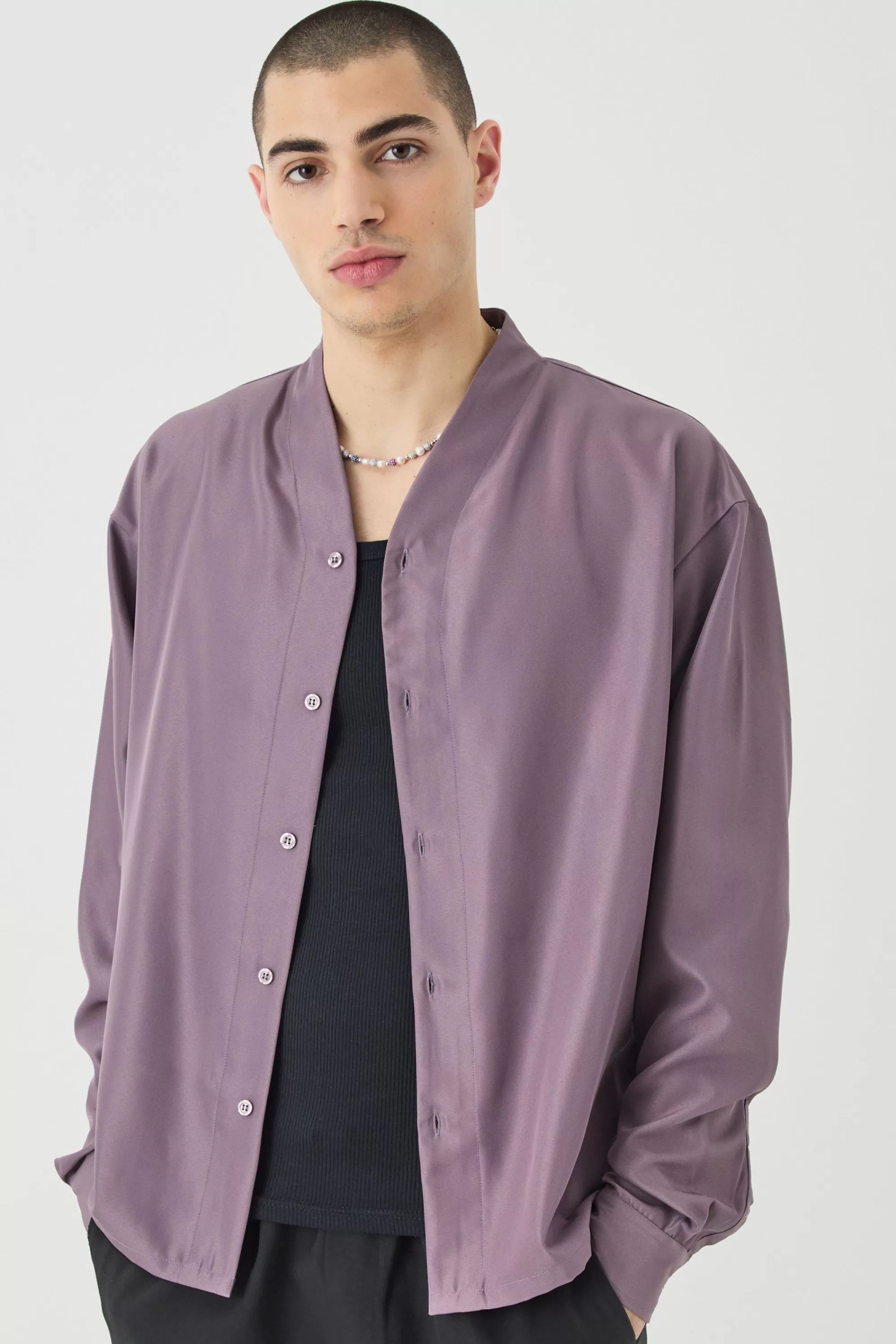 boohooMAN Boxy Collarless Soft Twill Label Shirt | UK