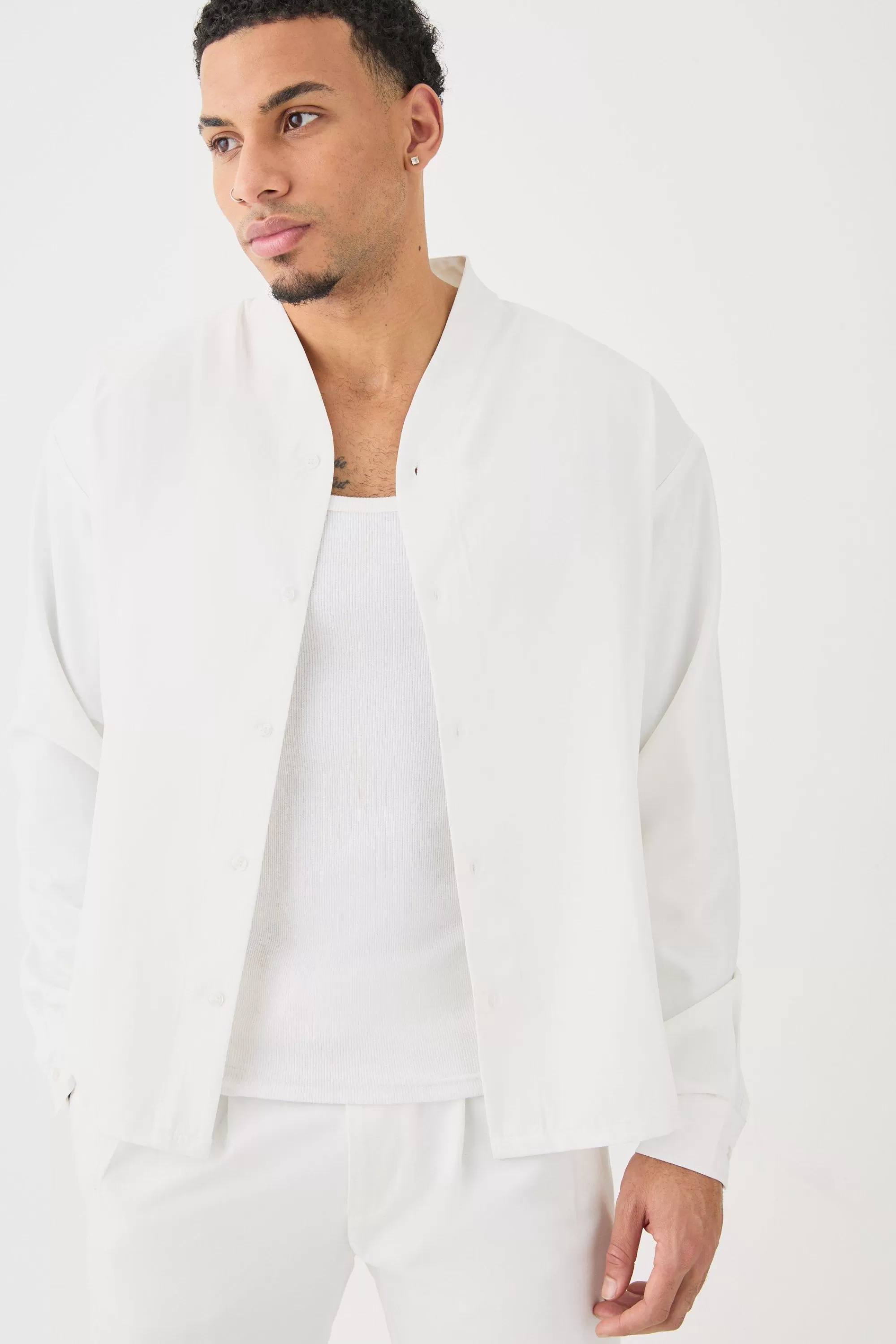 boohooMAN Boxy Collarless Soft Twill Label Shirt | UK
