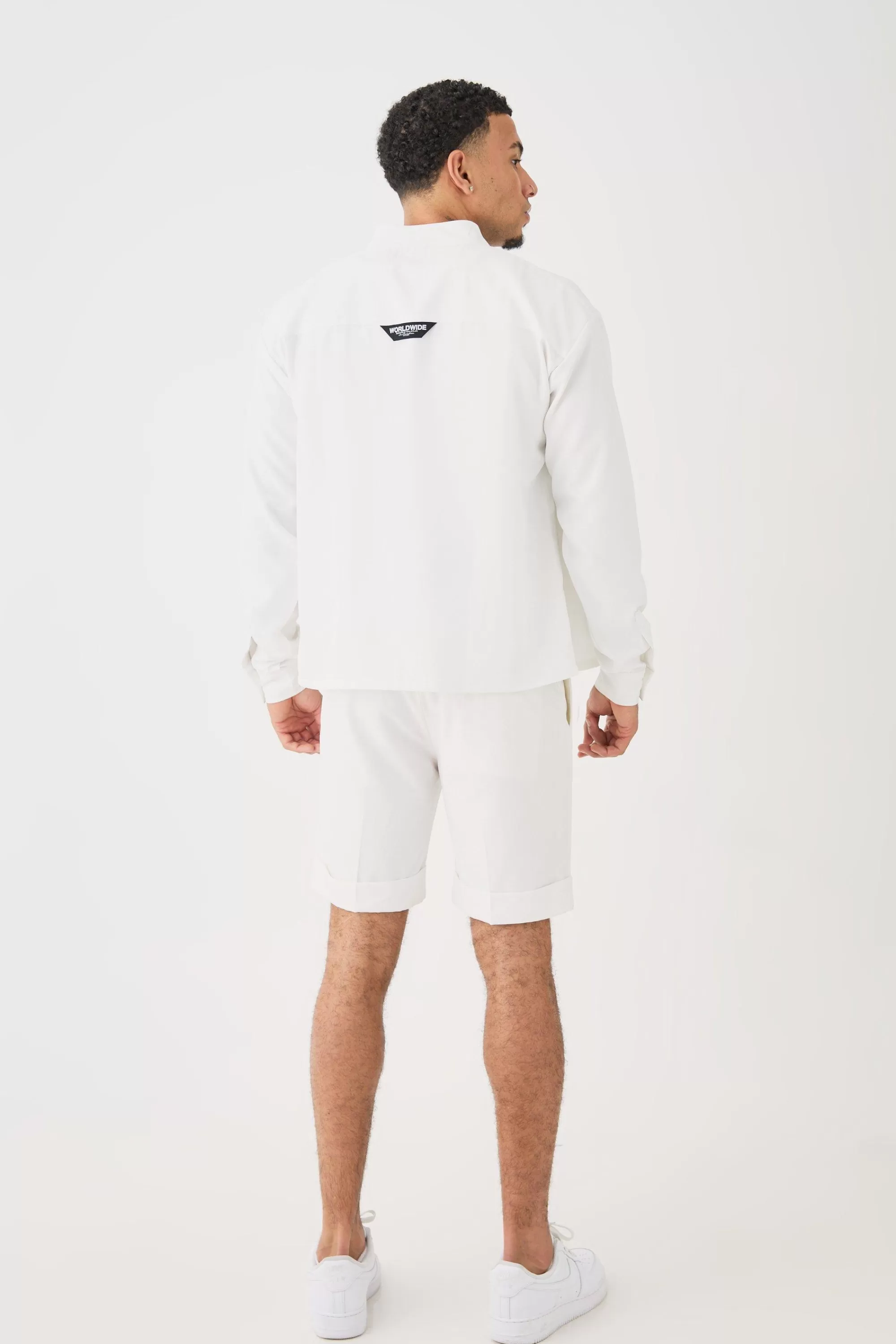 boohooMAN Boxy Collarless Soft Twill Label Shirt | UK