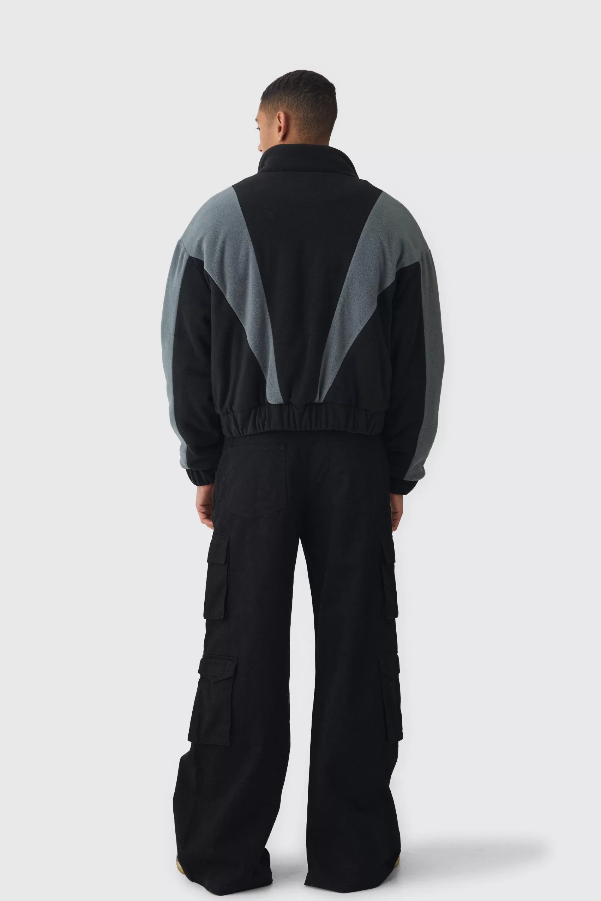 boohooMAN Boxy Colour Block Funnel Neck Fleece Jacket In | UK