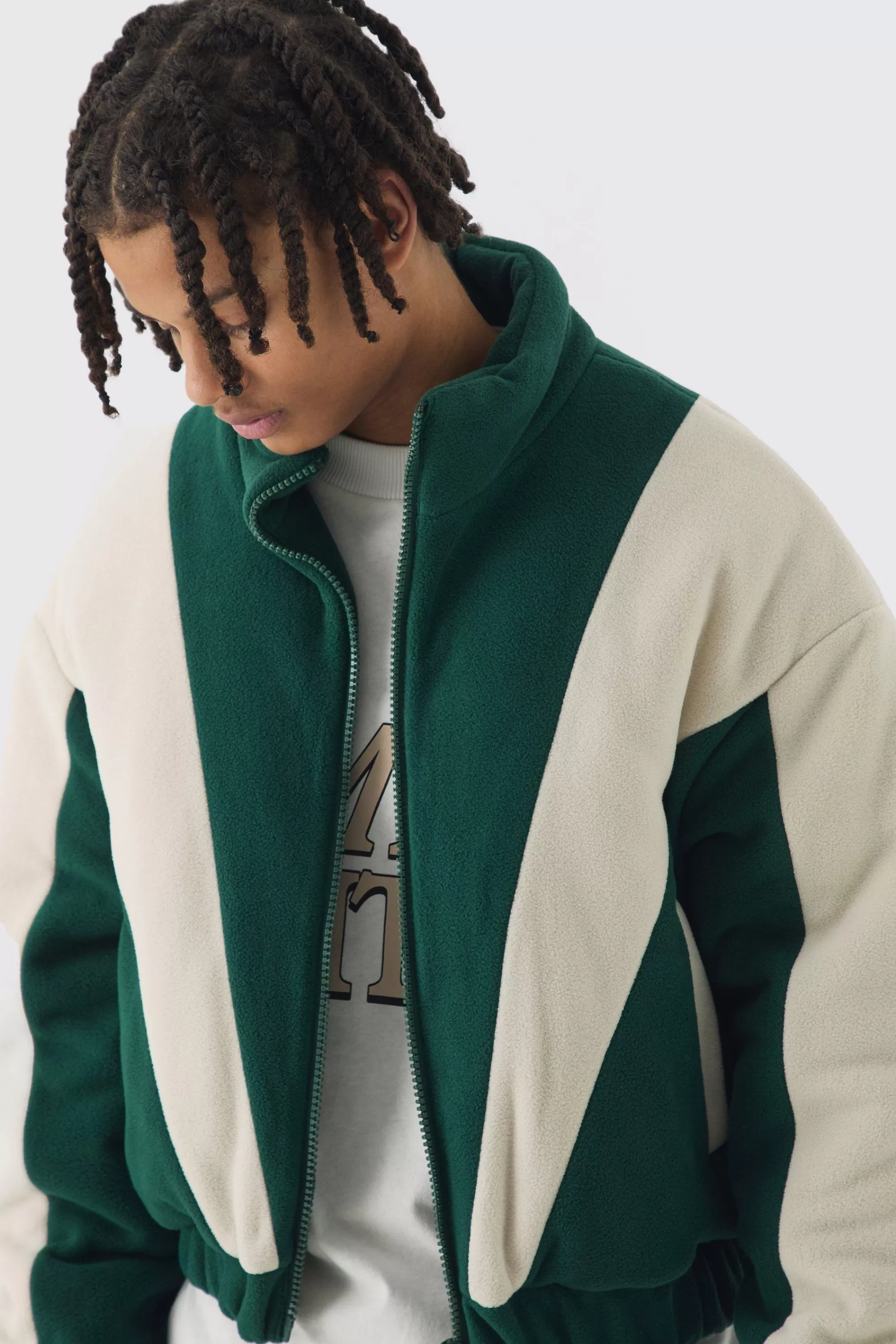 boohooMAN Boxy Colour Block Funnel Neck Fleece Jacket In | UK