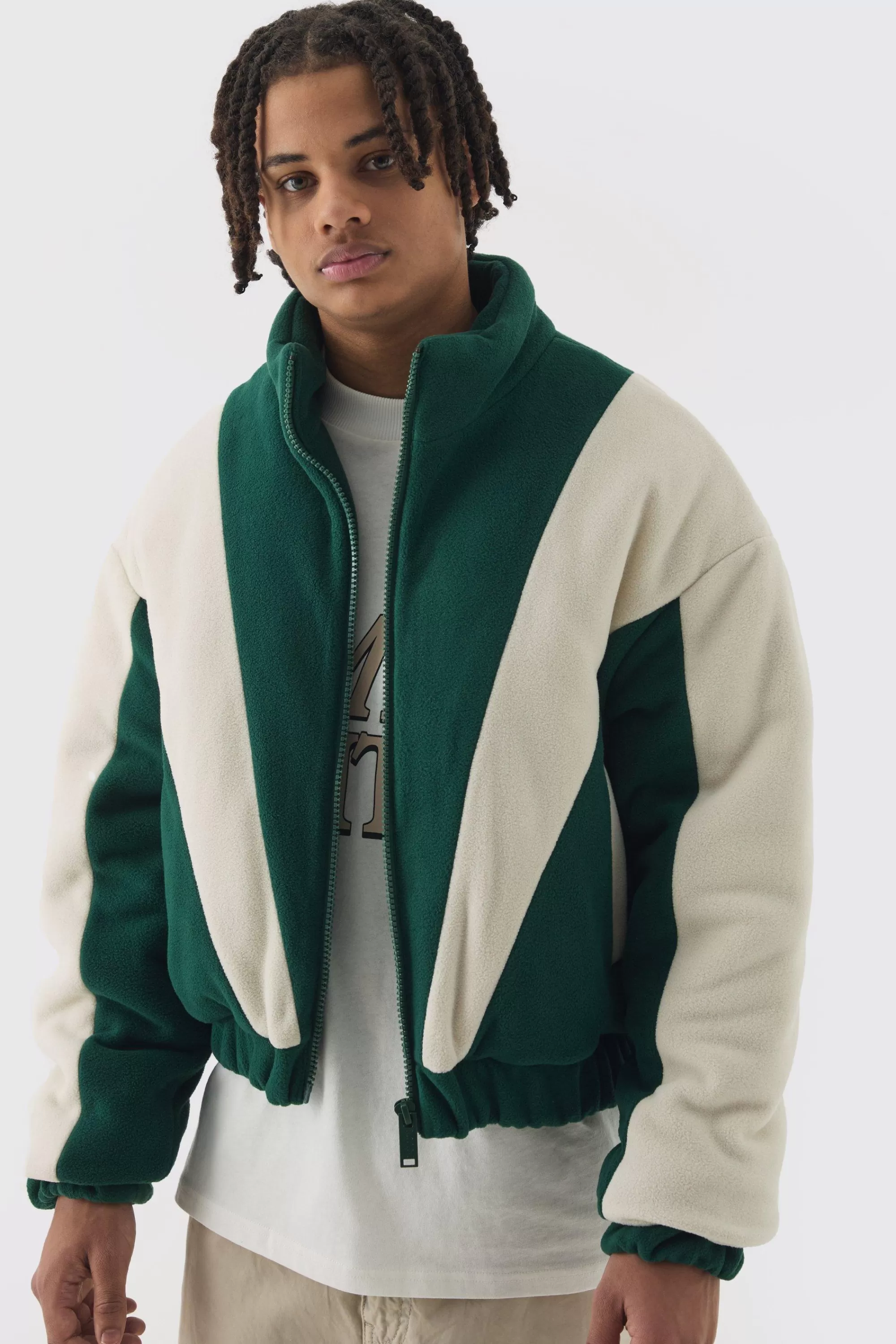 boohooMAN Boxy Colour Block Funnel Neck Fleece Jacket In | UK
