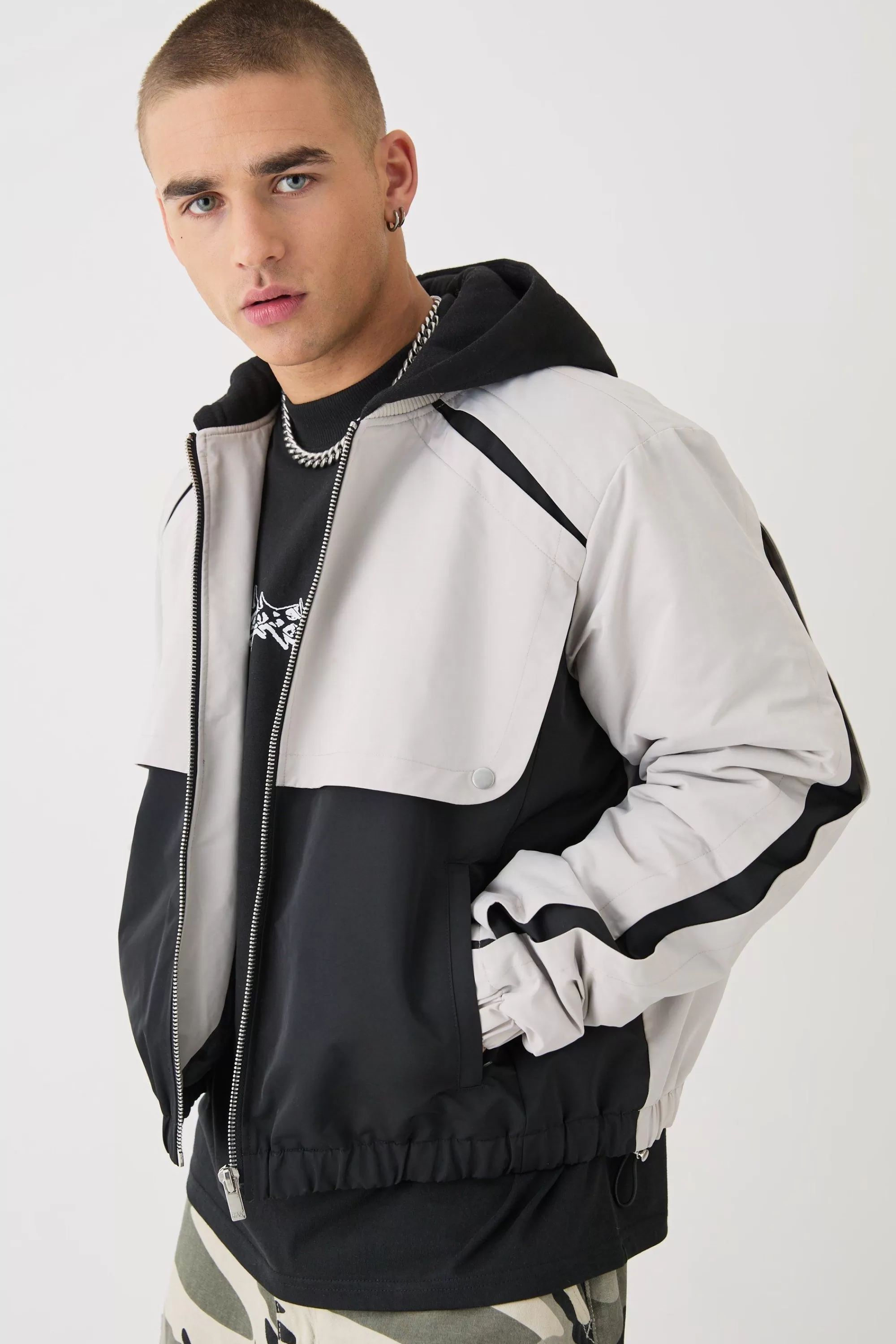 boohooMAN Boxy Colour Block Panel Hooded Bomber In | UK