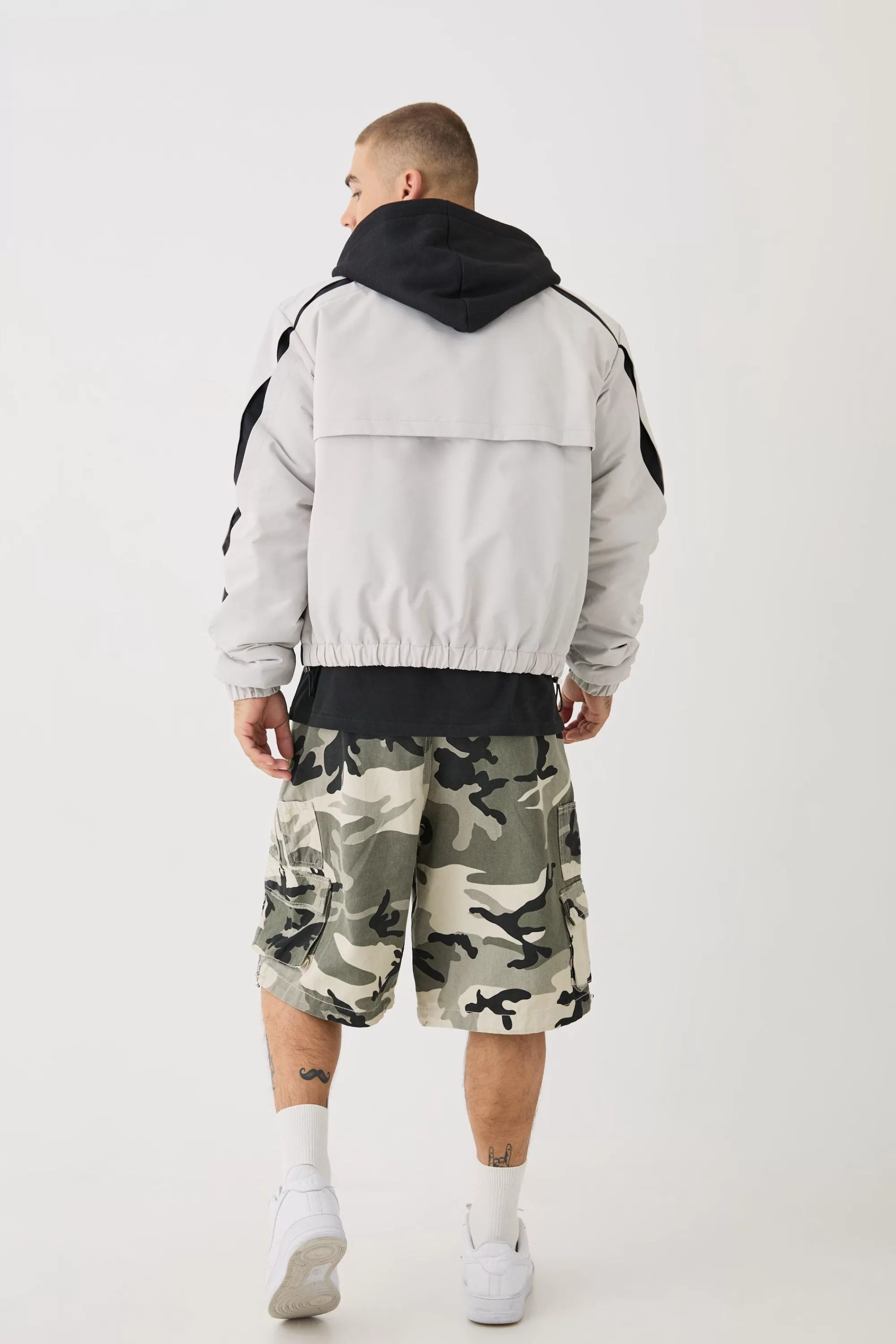 boohooMAN Boxy Colour Block Panel Hooded Bomber In | UK