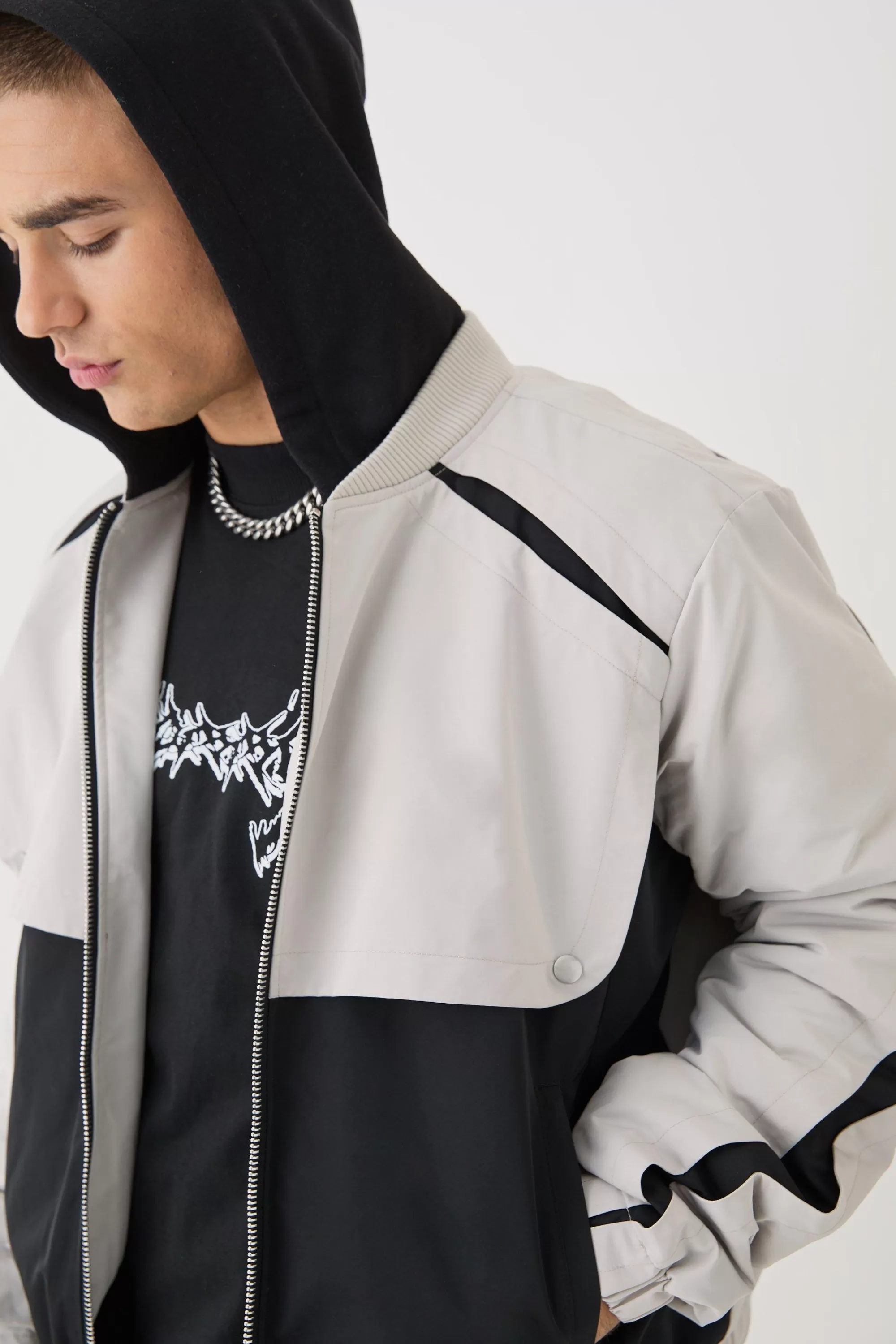 boohooMAN Boxy Colour Block Panel Hooded Bomber In | UK