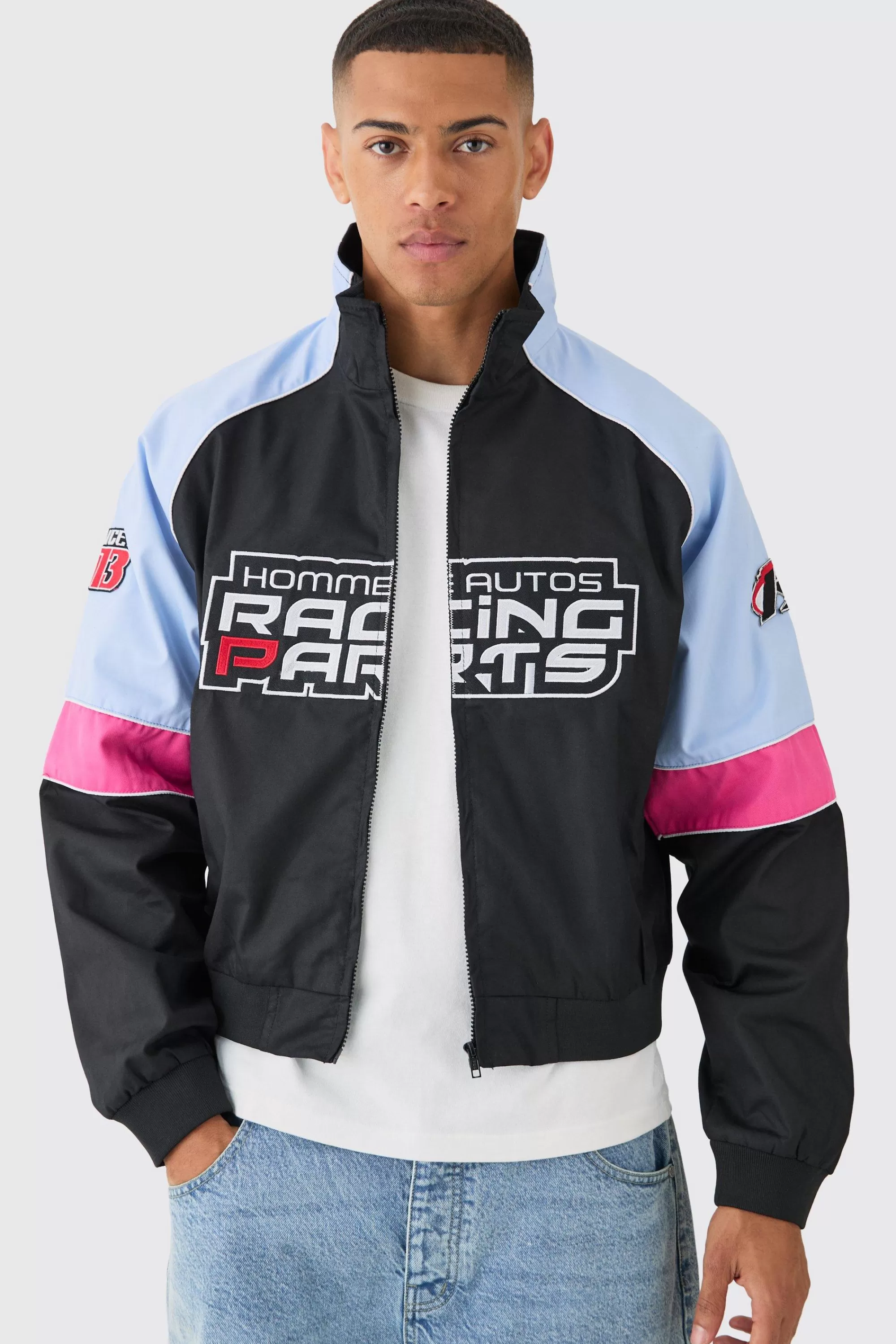 boohooMAN Boxy Colour Block Twill Moto Bomber Jacket In | UK