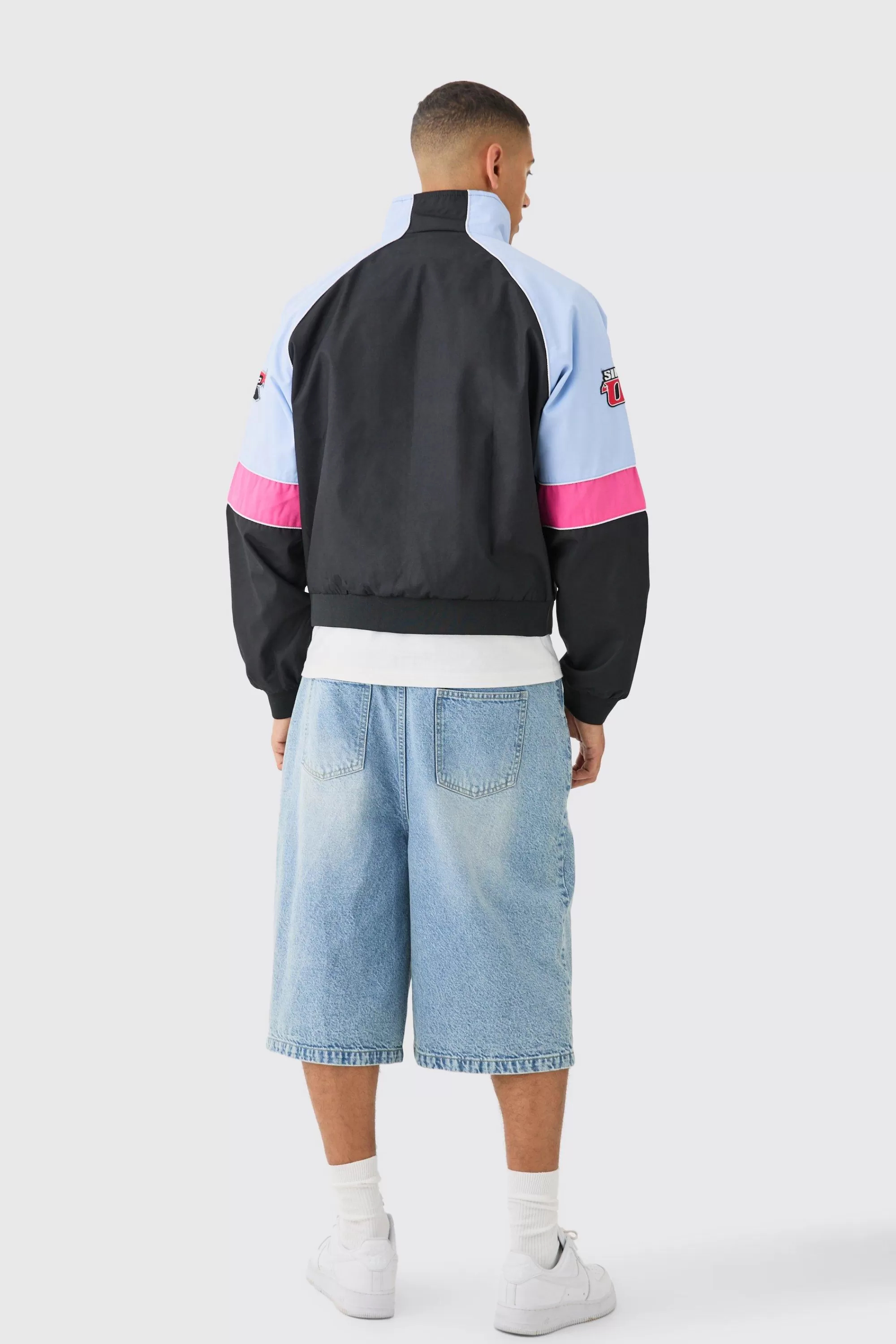 boohooMAN Boxy Colour Block Twill Moto Bomber Jacket In | UK