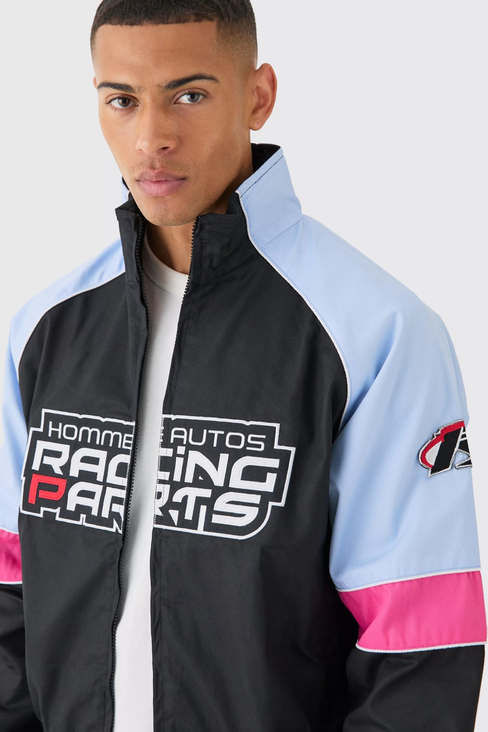 boohooMAN Boxy Colour Block Twill Moto Bomber Jacket In | UK