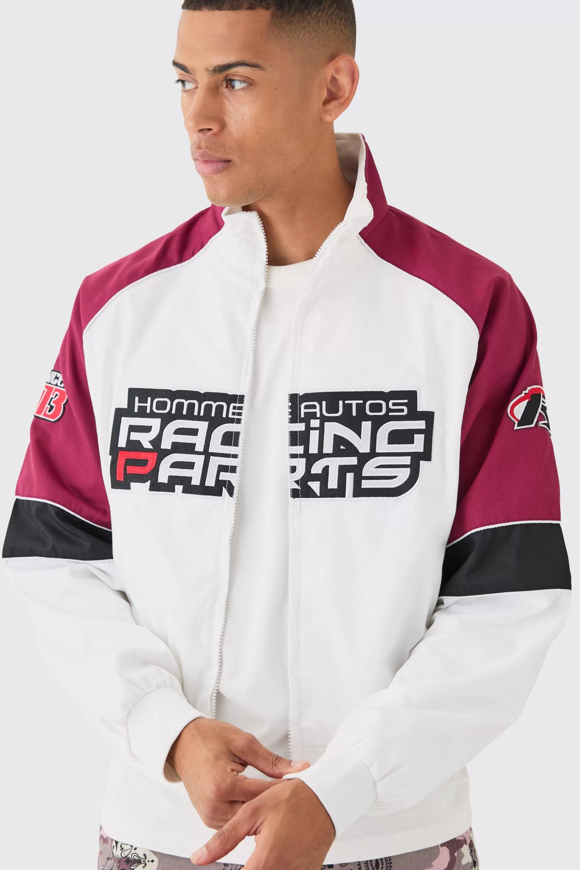 boohooMAN Boxy Colour Block Twill Moto Bomber Jacket In | UK
