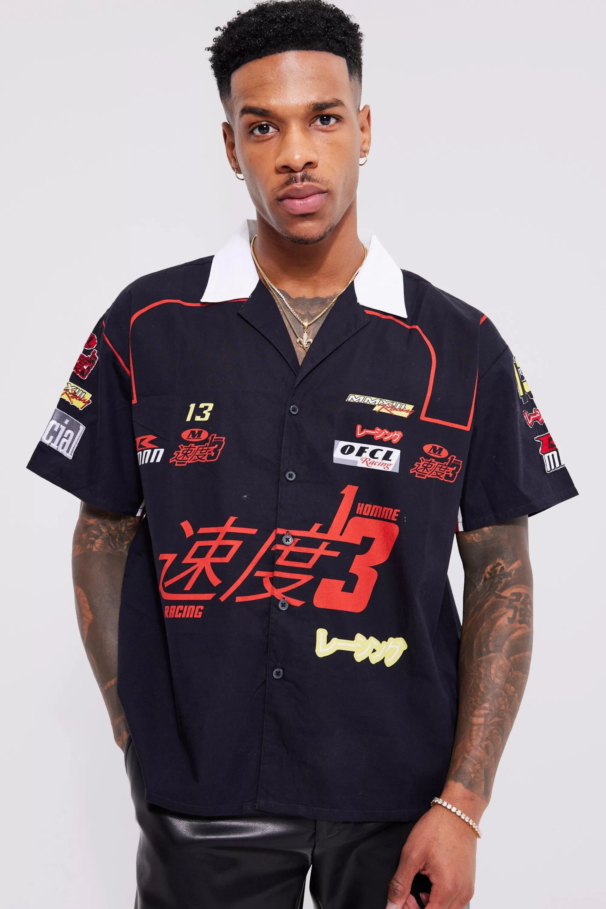 boohooMAN Boxy Cotton Poplin Moto Applique Shirt | UK