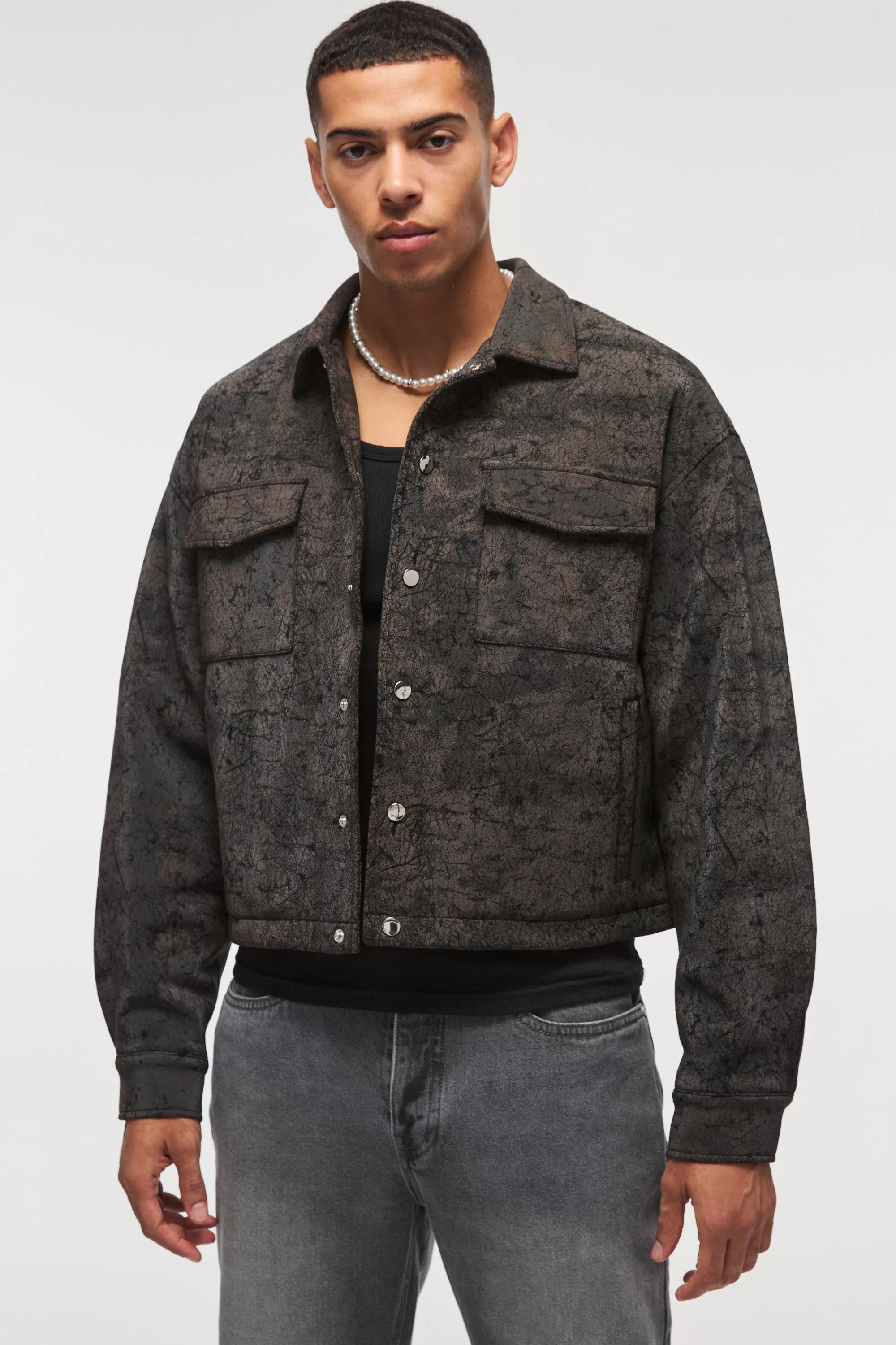 boohooMAN Boxy Cracked Effect Faux Suede Harrington In | UK