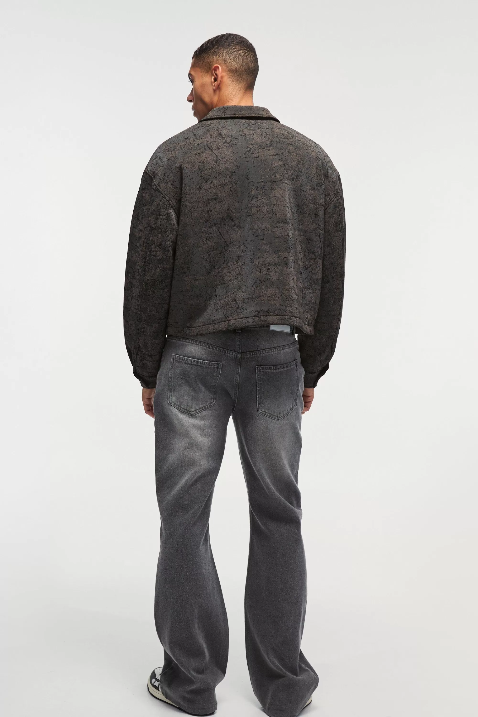 boohooMAN Boxy Cracked Effect Faux Suede Harrington In | UK